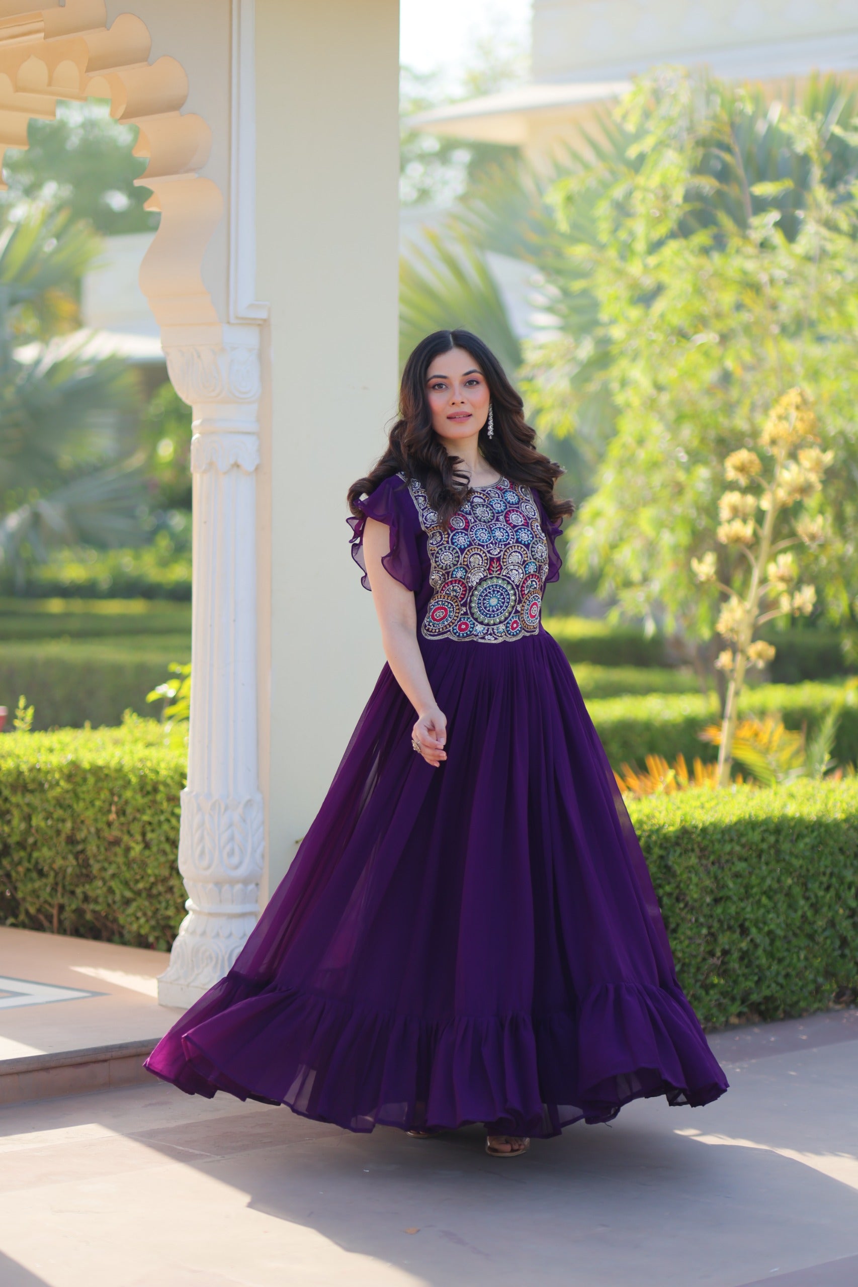 Flutter Sleeve Embroidered Anarkali Gown