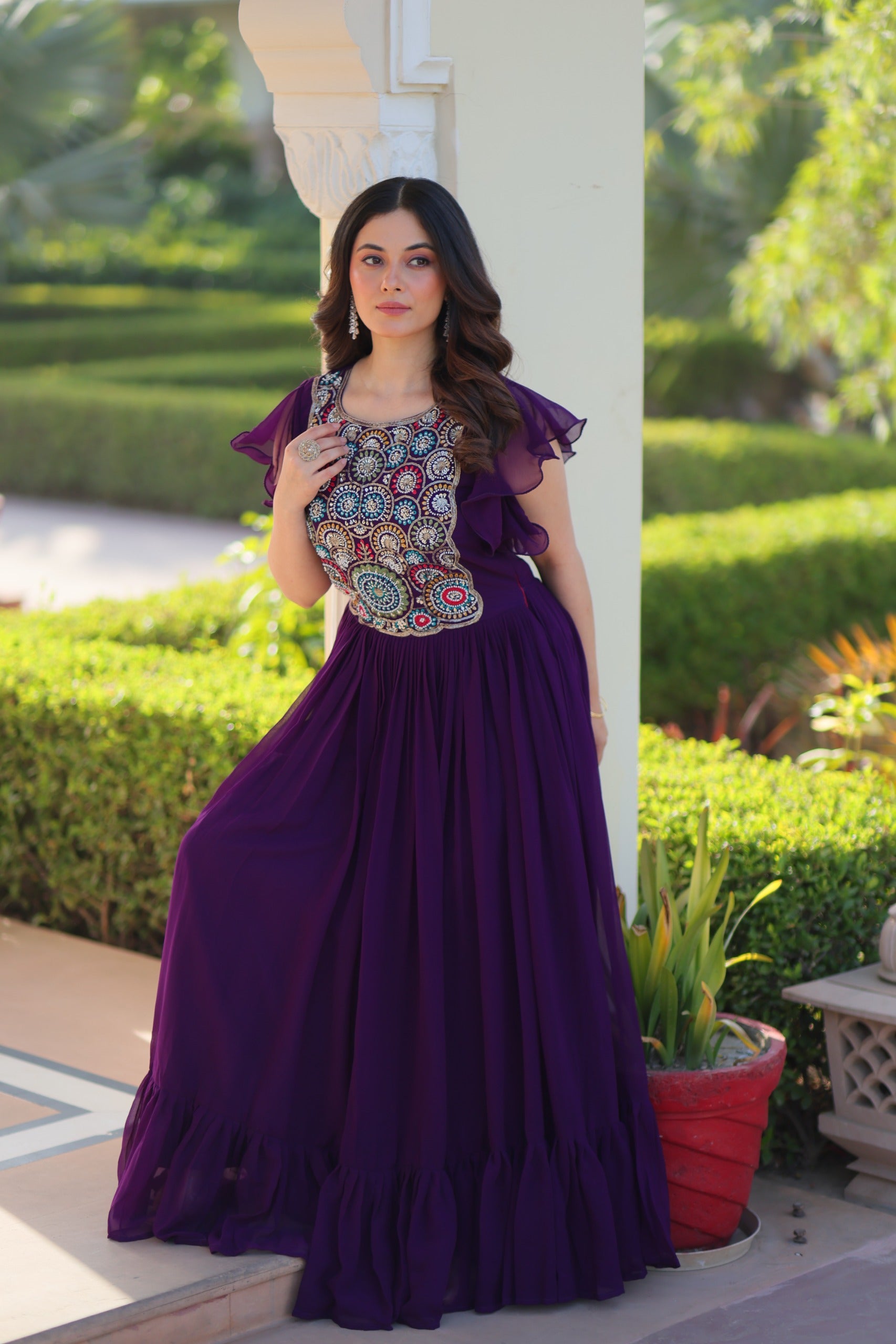 Flutter Sleeve Embroidered Anarkali Gown