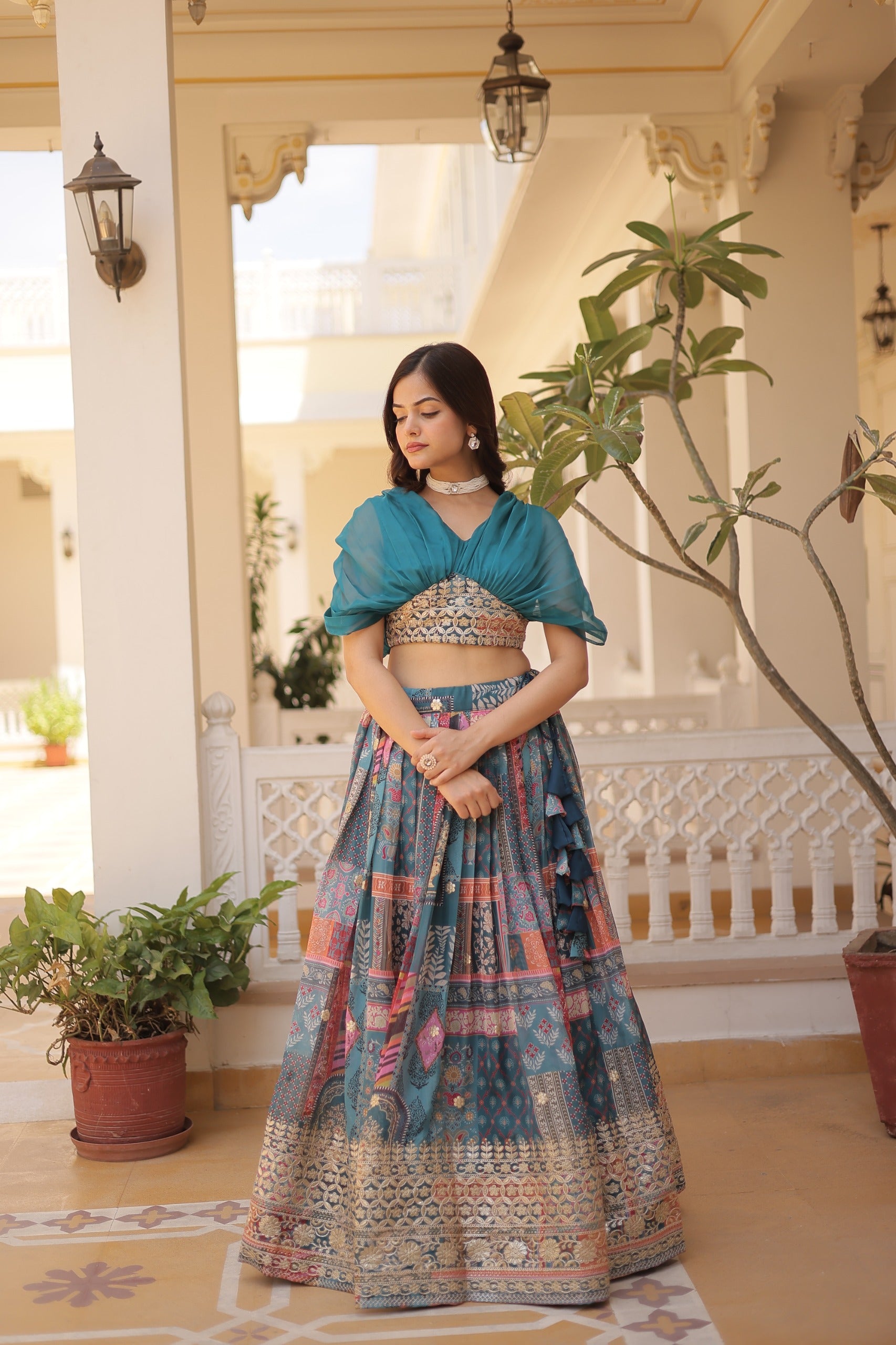 Russian Silk Rich Digital Printed With Foil Embroidery Work