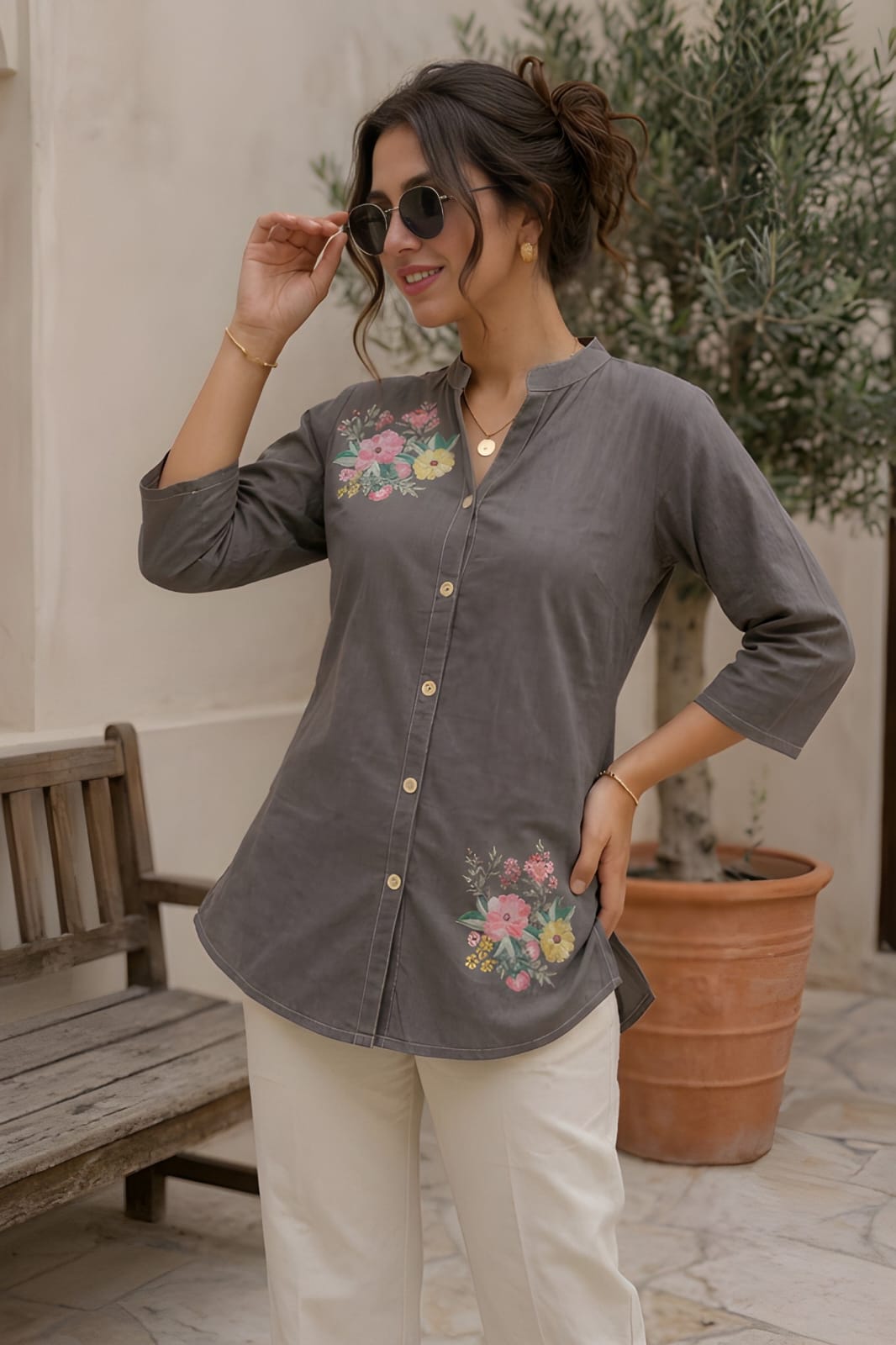 Women's Grey Cotton Flower Printed Shirt & Tunic