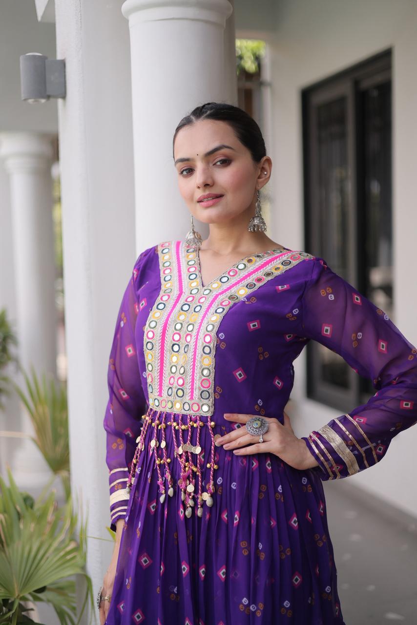 Laheriya with kutchi patchework in Faux Georgette