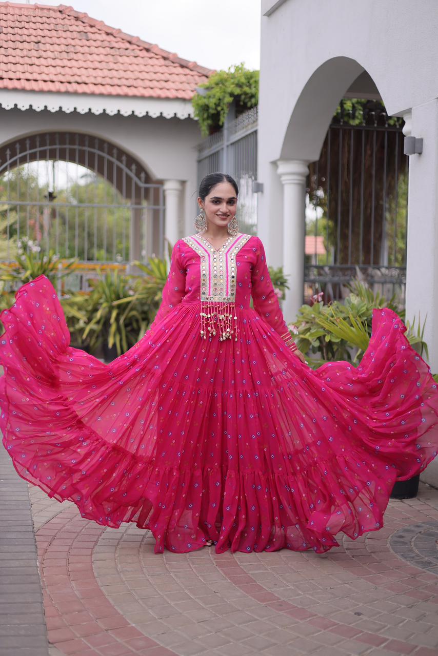 Laheriya with kutchi patchework in Faux Georgette