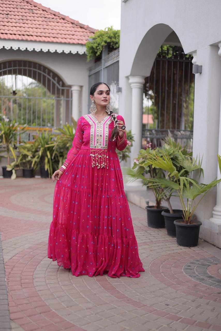Laheriya with kutchi patchework in Faux Georgette