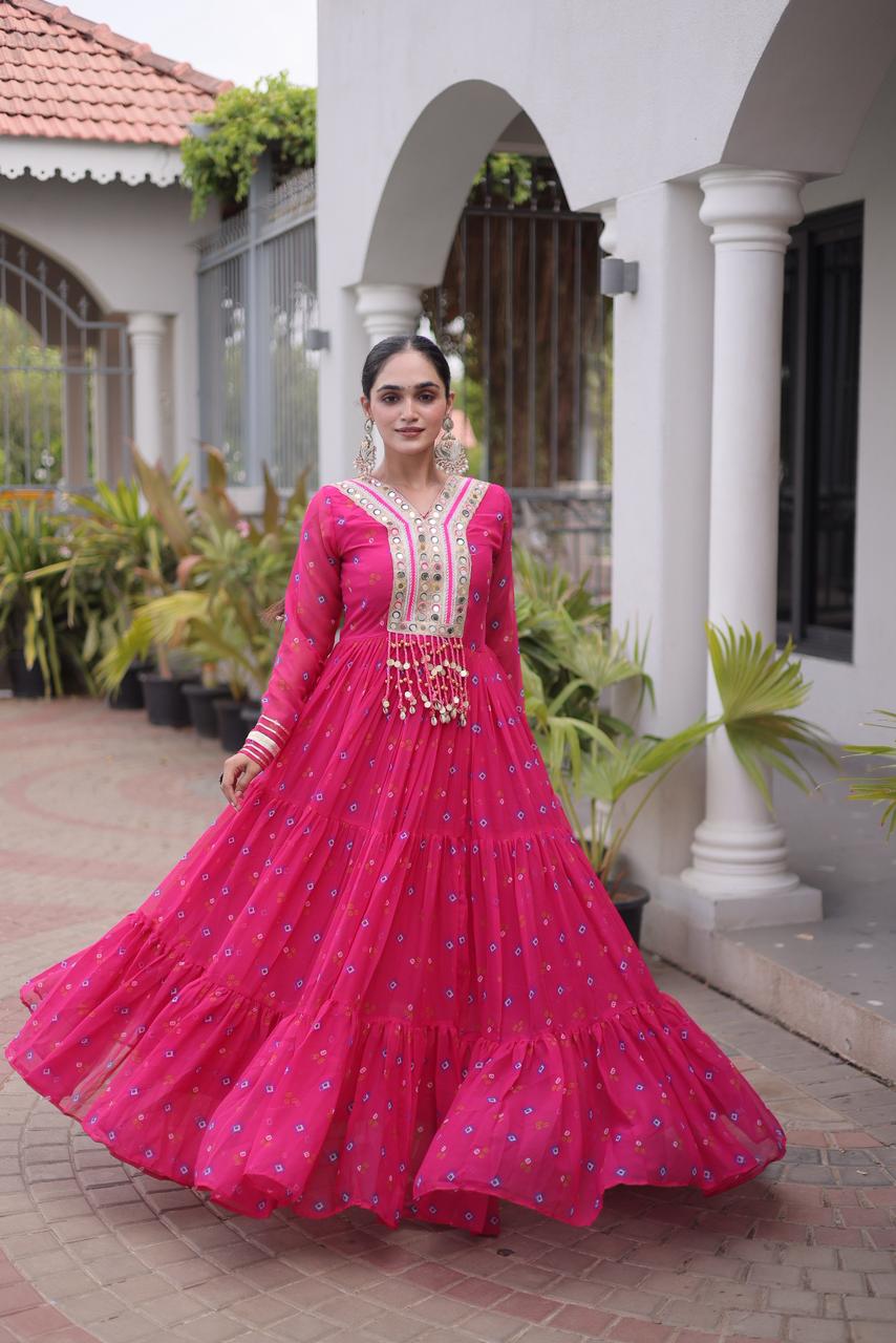 Laheriya with kutchi patchework in Faux Georgette
