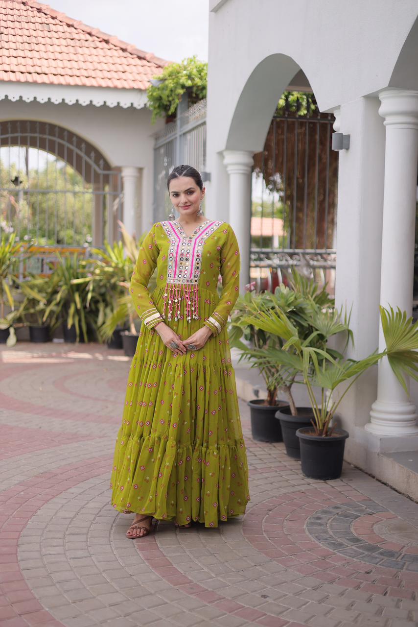 Laheriya with kutchi patchework in Faux Georgette