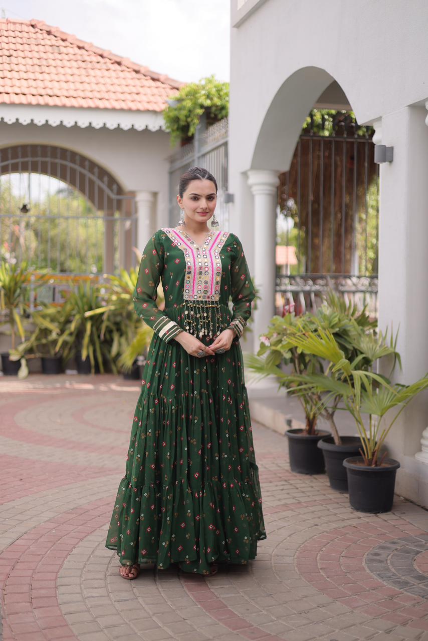 Laheriya with kutchi patchework in Faux Georgette
