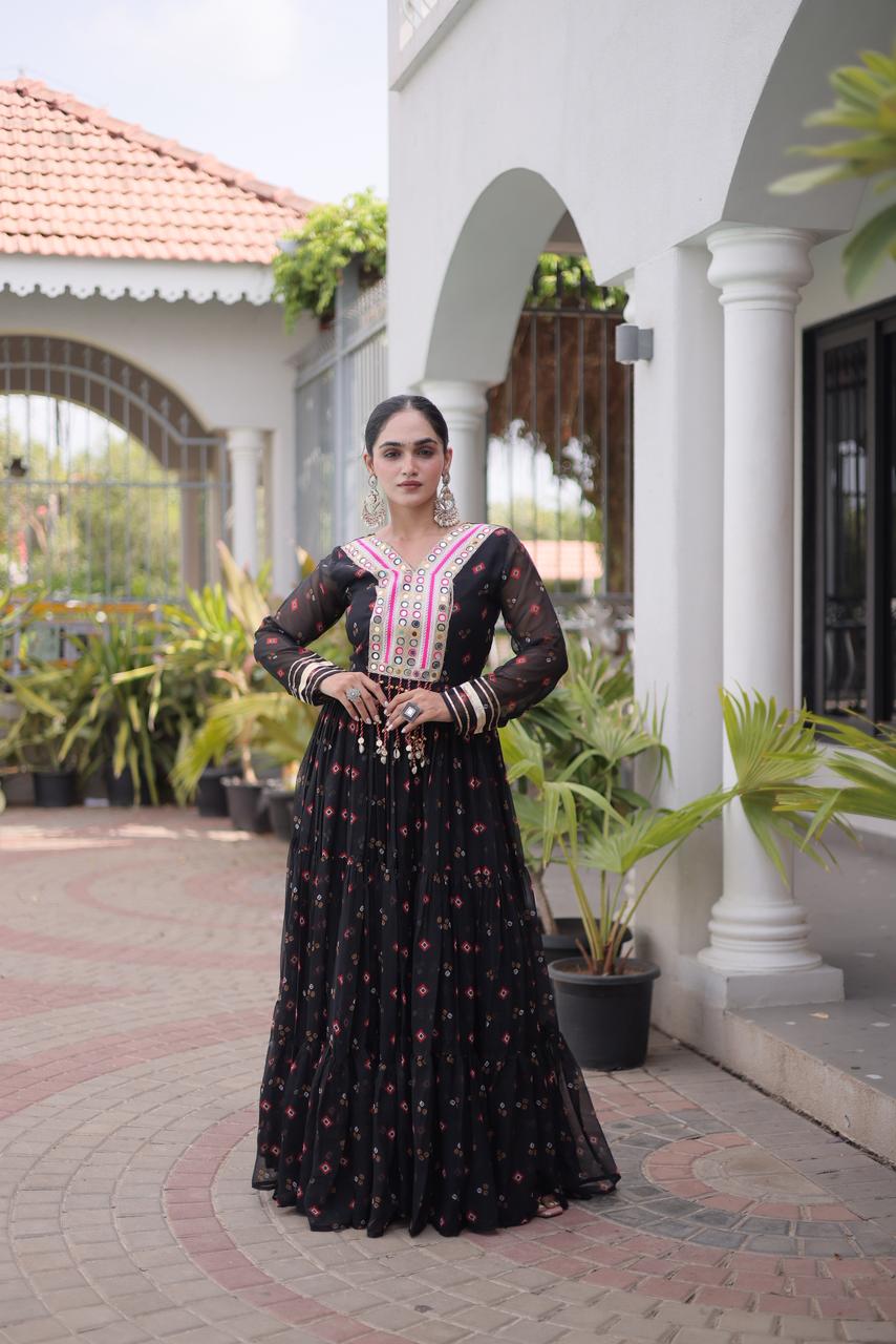 Laheriya with kutchi patchework in Faux Georgette