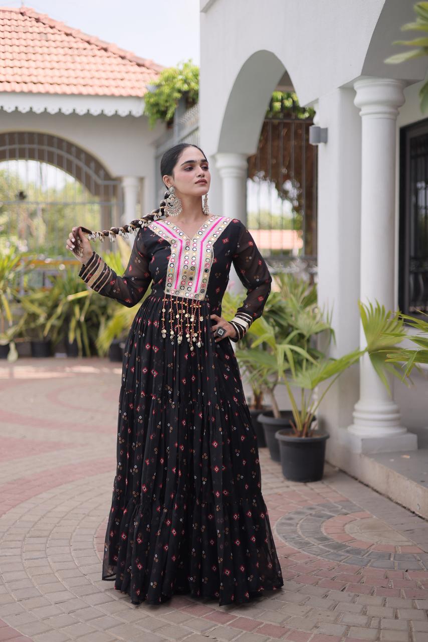 Laheriya with kutchi patchework in Faux Georgette