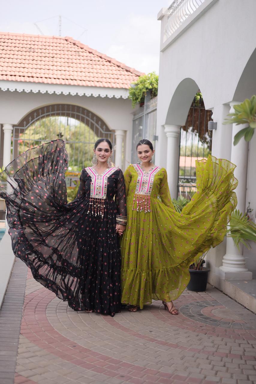 Laheriya with kutchi patchework in Faux Georgette