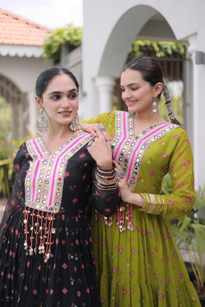 Laheriya with kutchi patchework in Faux Georgette