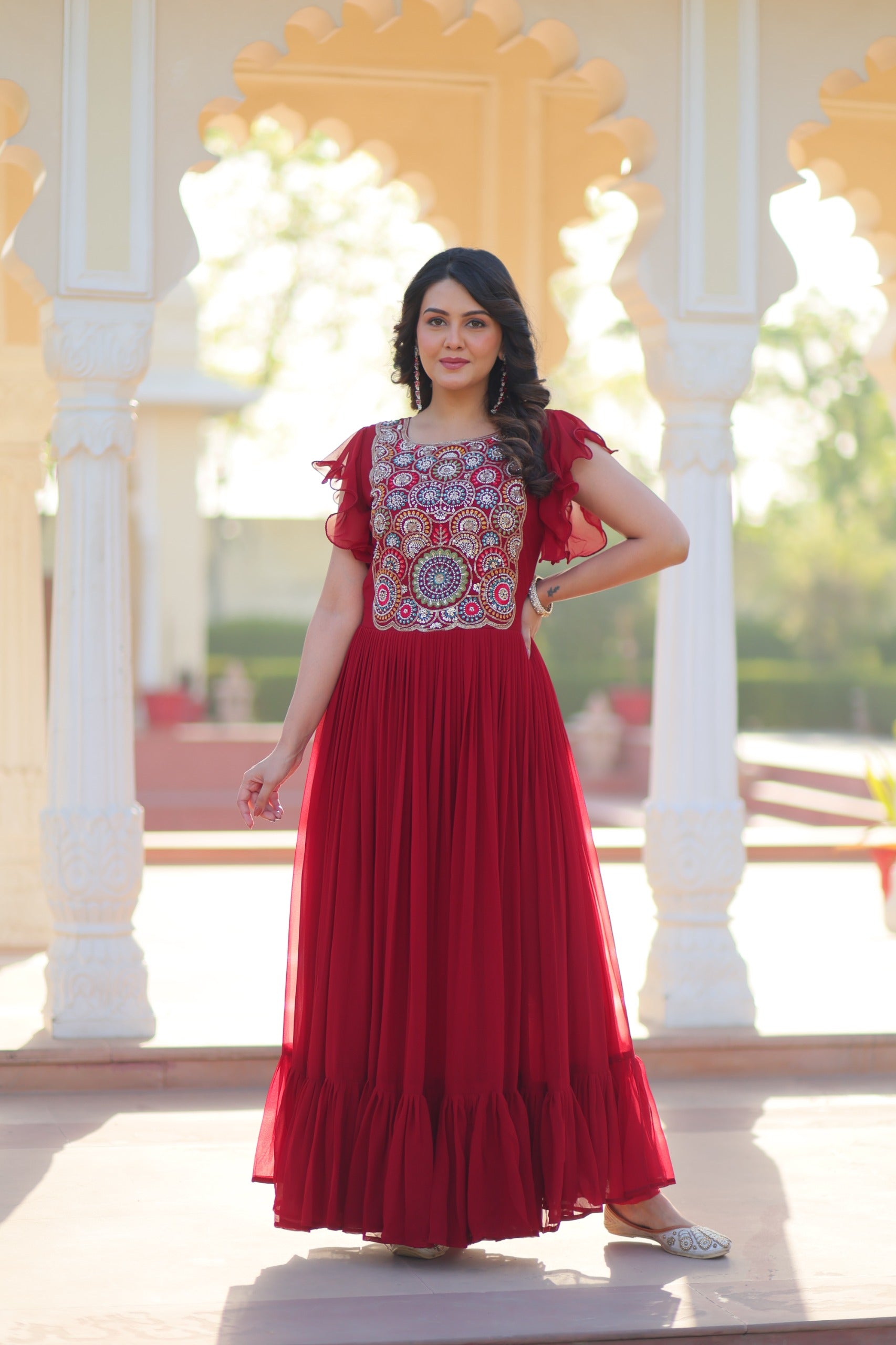 Flutter Sleeve Embroidered Anarkali Gown