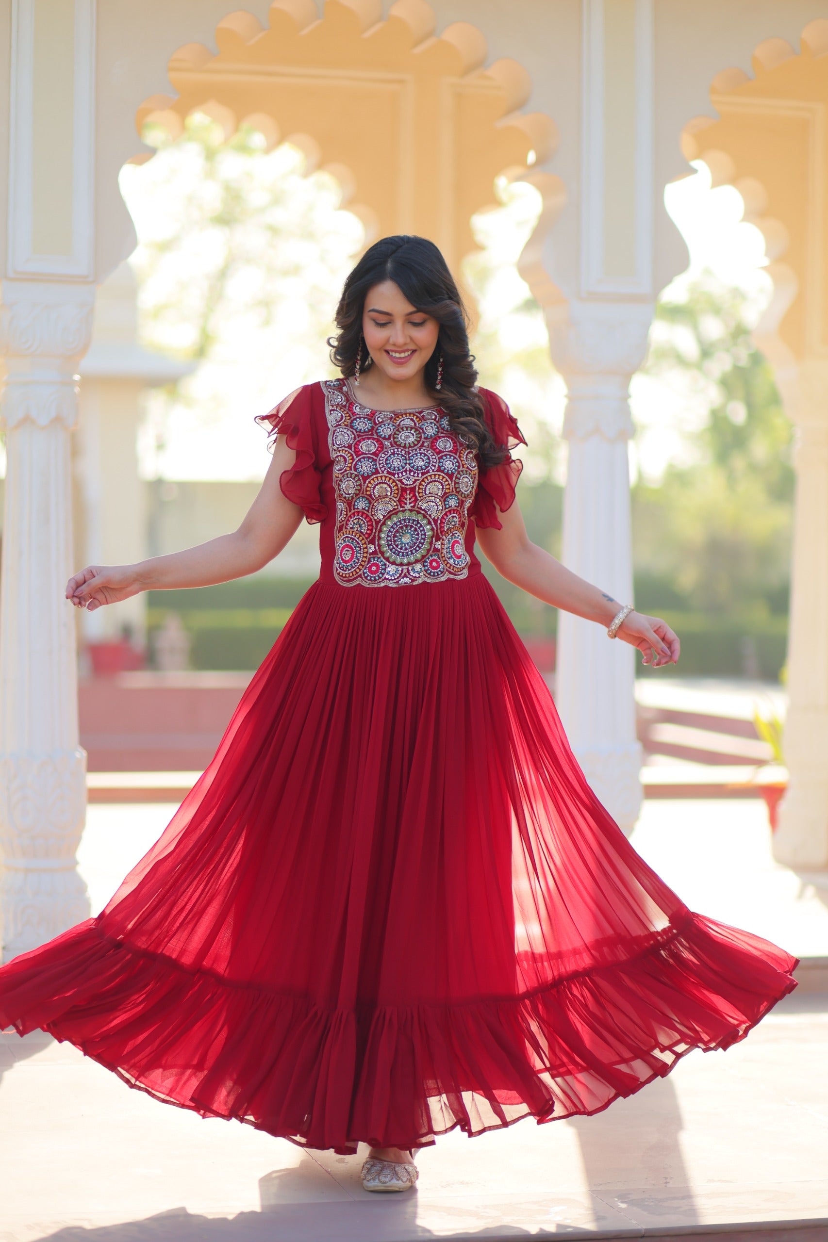Flutter Sleeve Embroidered Anarkali Gown
