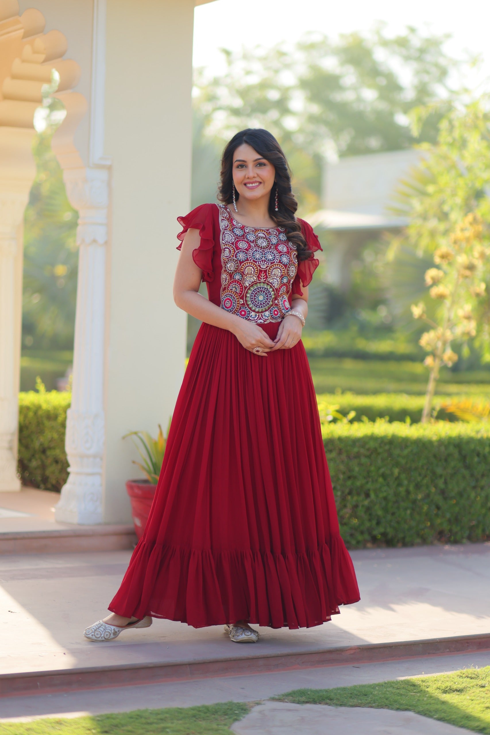 Flutter Sleeve Embroidered Anarkali Gown