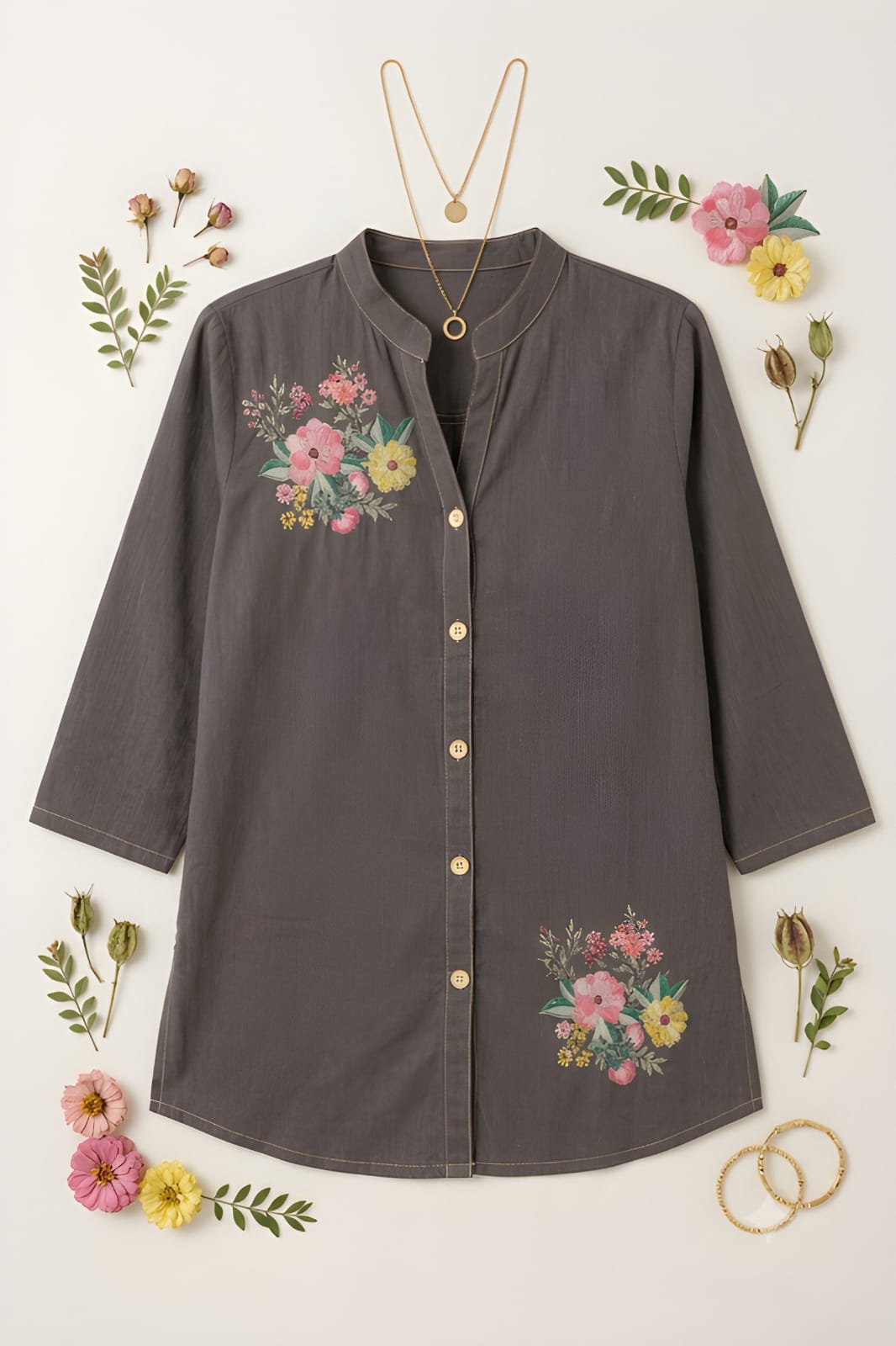 Women's Grey Cotton Flower Printed Shirt & Tunic