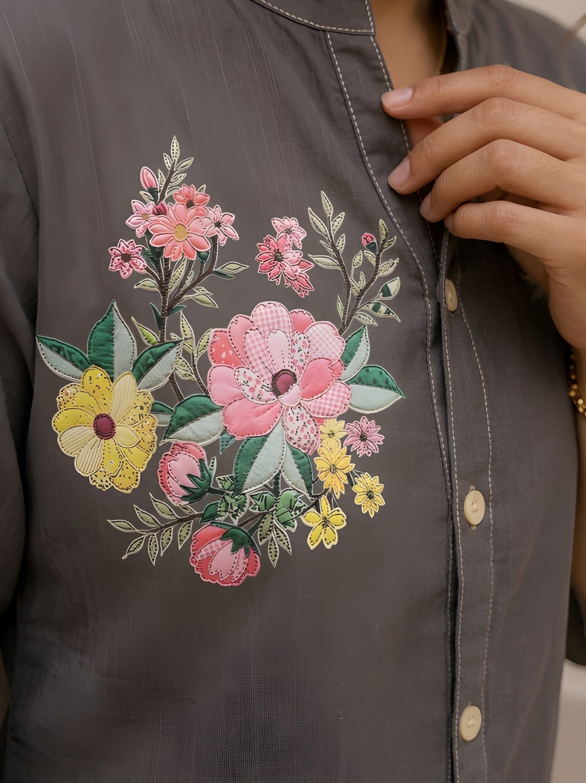 Women's Grey Cotton Flower Printed Shirt & Tunic