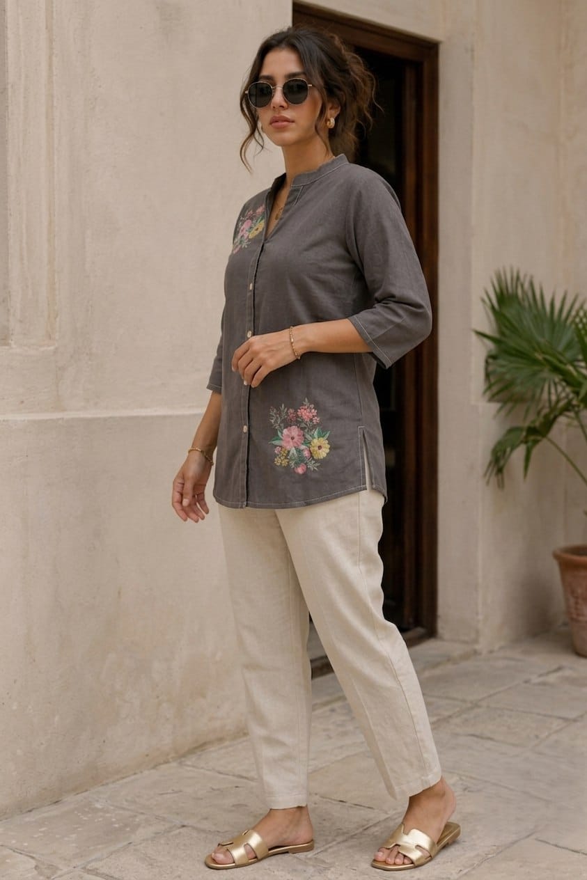 Women's Grey Cotton Flower Printed Shirt & Tunic
