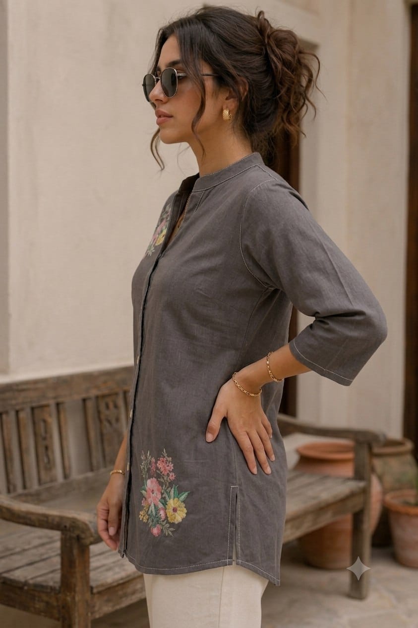 Women's Grey Cotton Flower Printed Shirt & Tunic