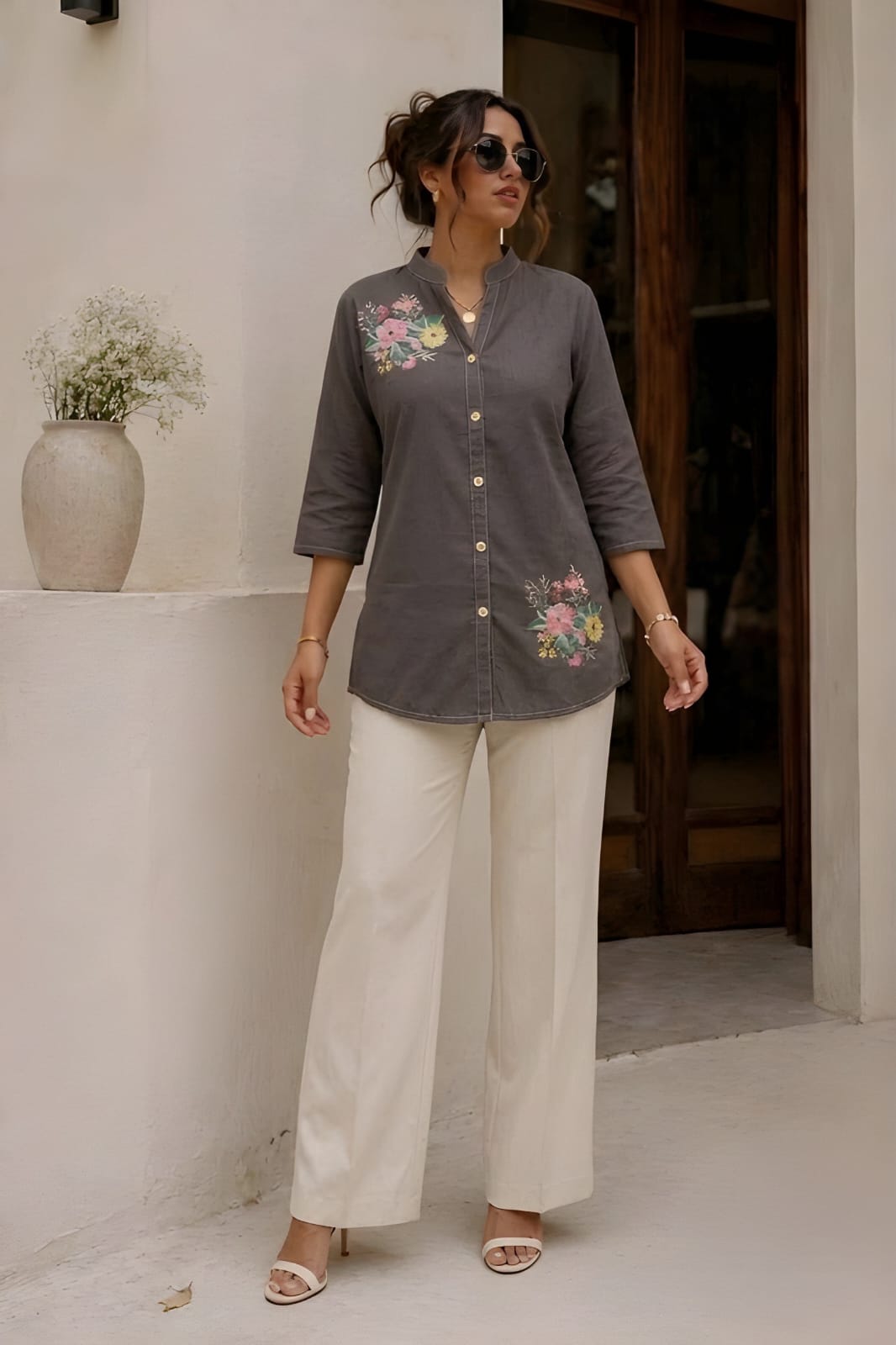 Women's Grey Cotton Flower Printed Shirt & Tunic