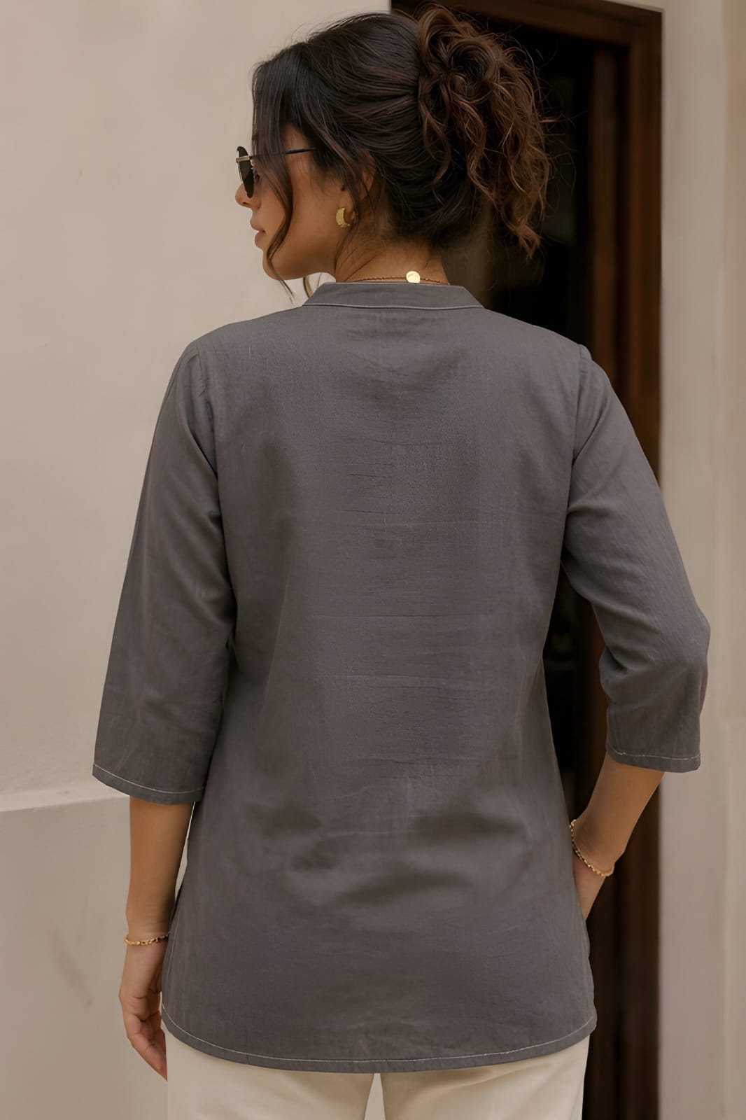 Women's Grey Cotton Flower Printed Shirt & Tunic