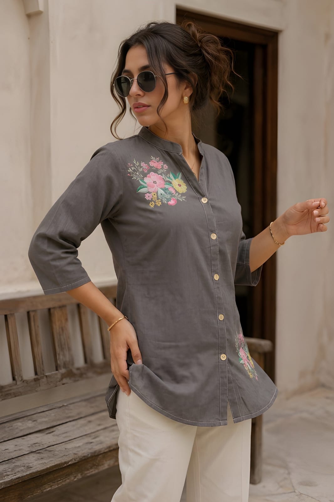 Women's Grey Cotton Flower Printed Shirt & Tunic