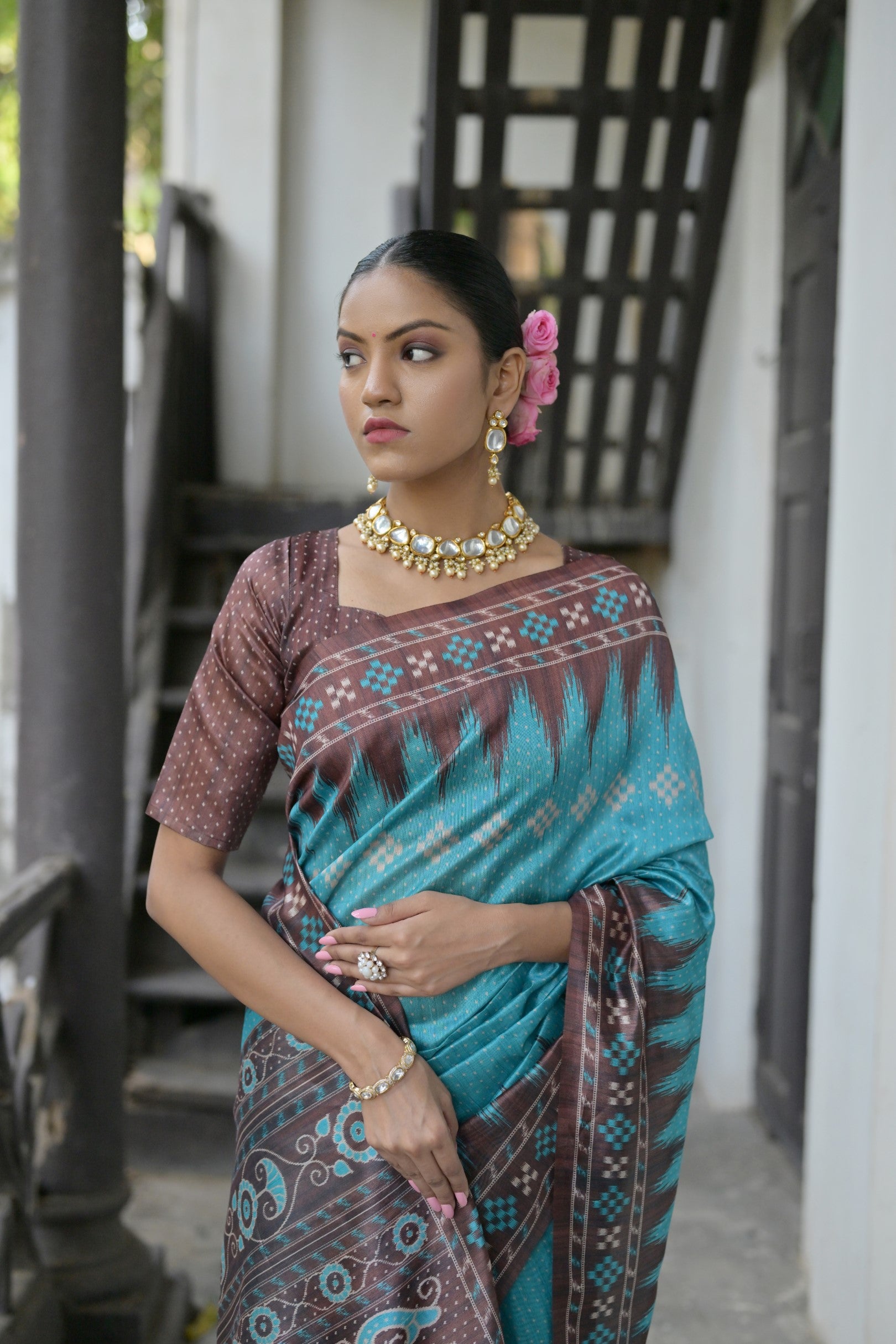 Ajrakh- Ethnic Elegance – Temple Patola Soft Silk Saree
