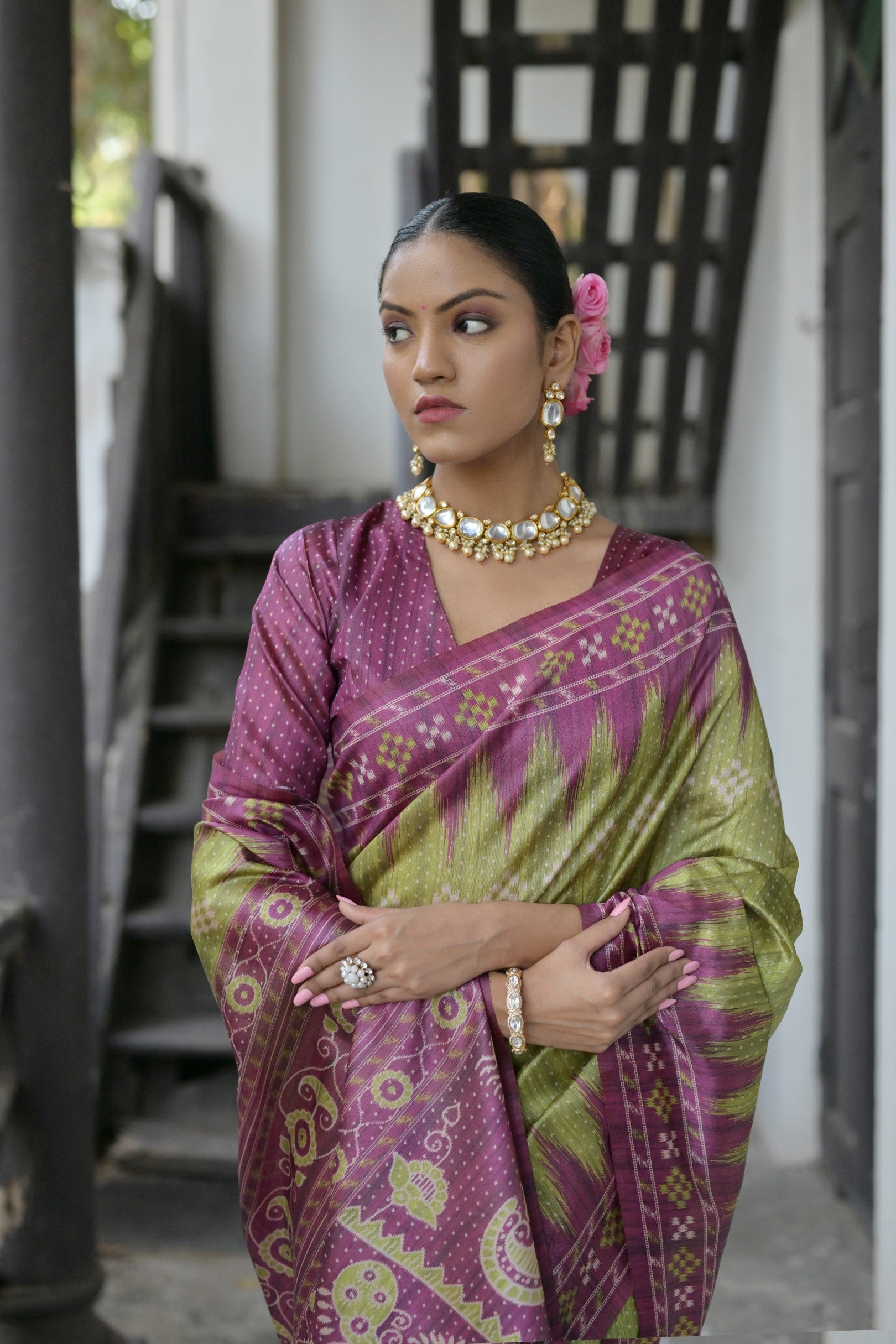 Ajrakh- Ethnic Elegance – Temple Patola Soft Silk Saree
