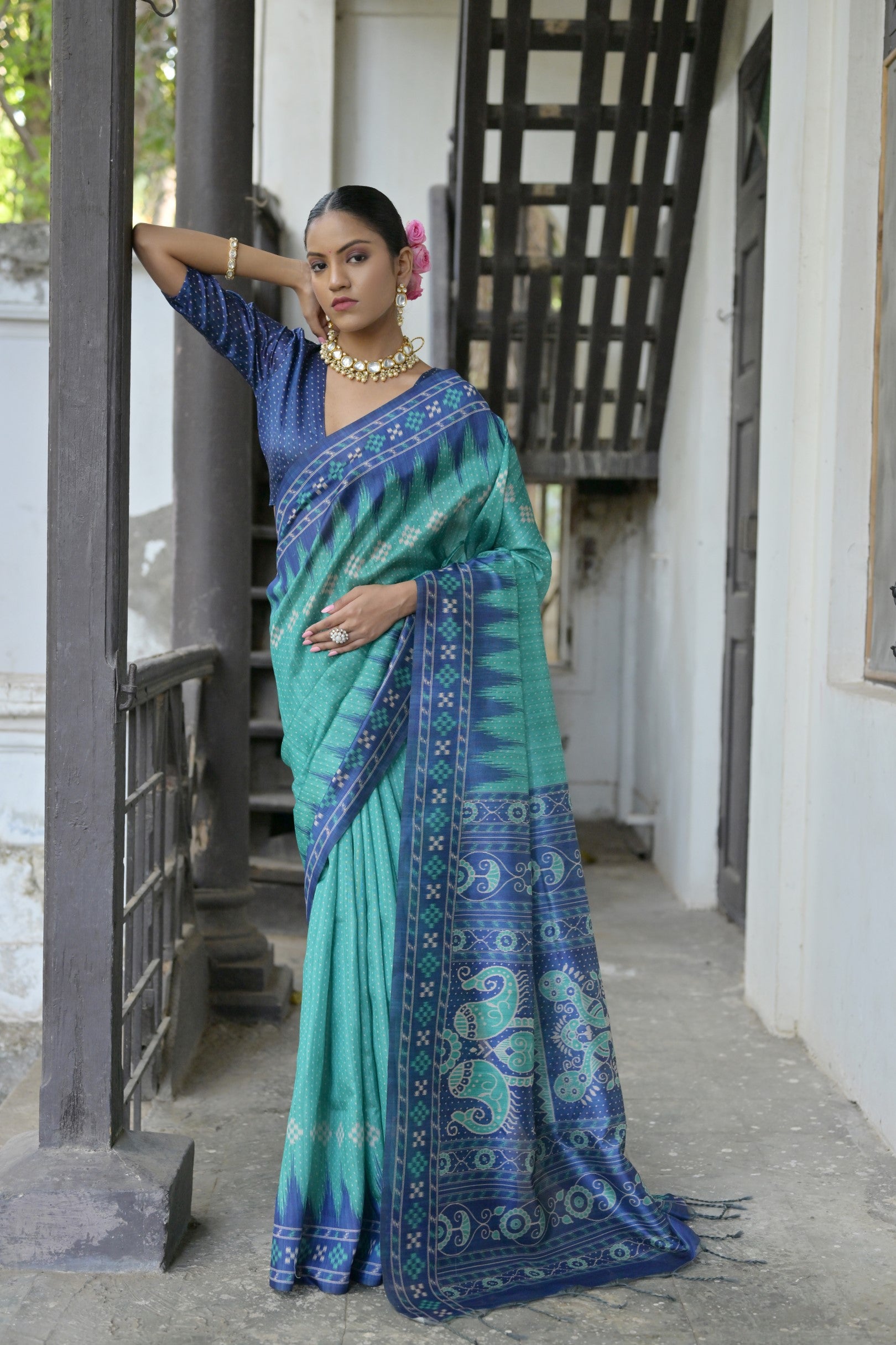 Ajrakh- Ethnic Elegance – Temple Patola Soft Silk Saree