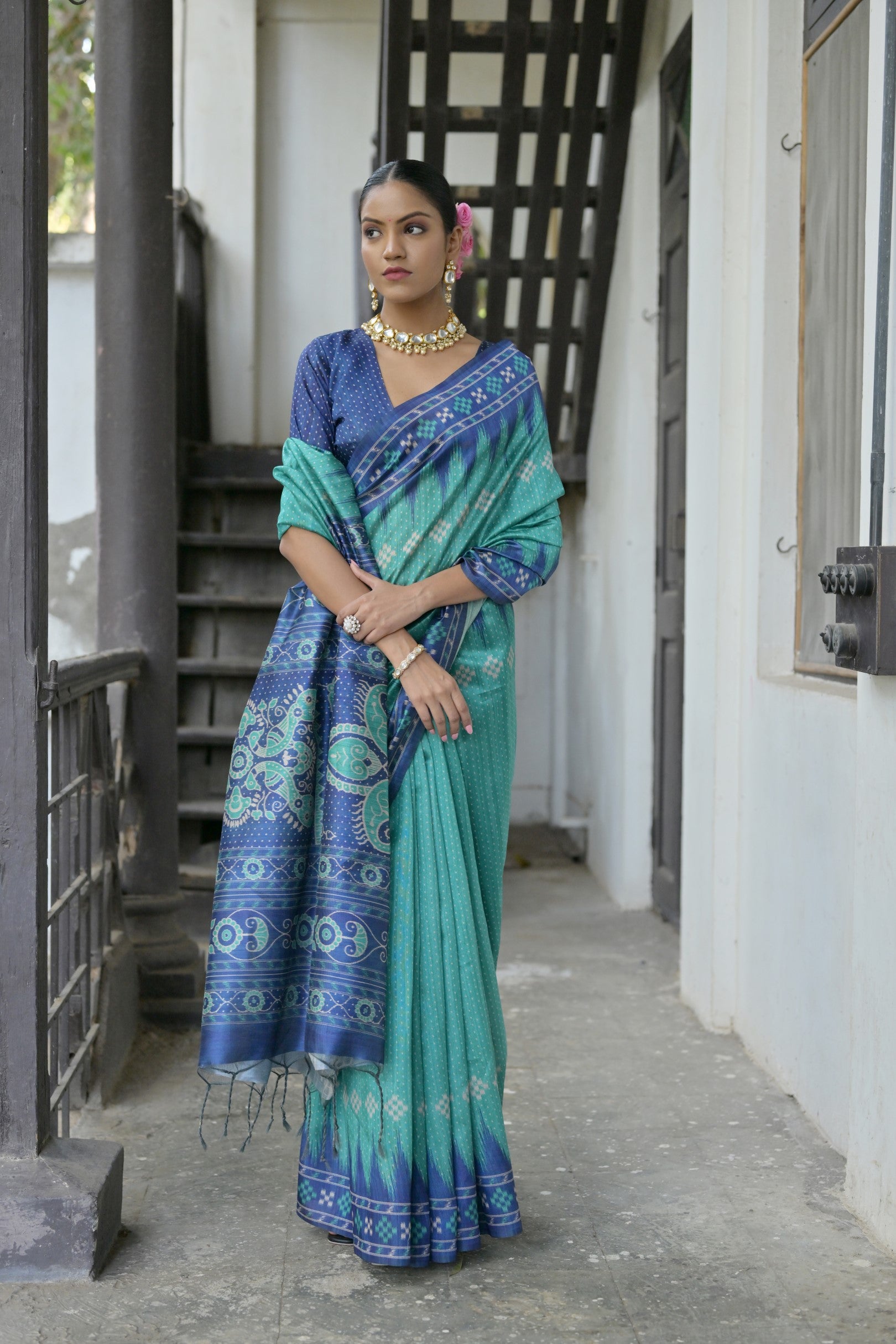Ajrakh- Ethnic Elegance – Temple Patola Soft Silk Saree