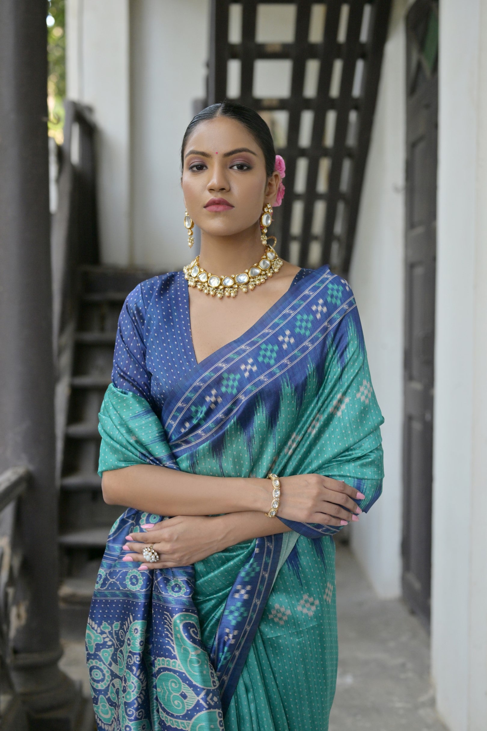 Ajrakh- Ethnic Elegance – Temple Patola Soft Silk Saree