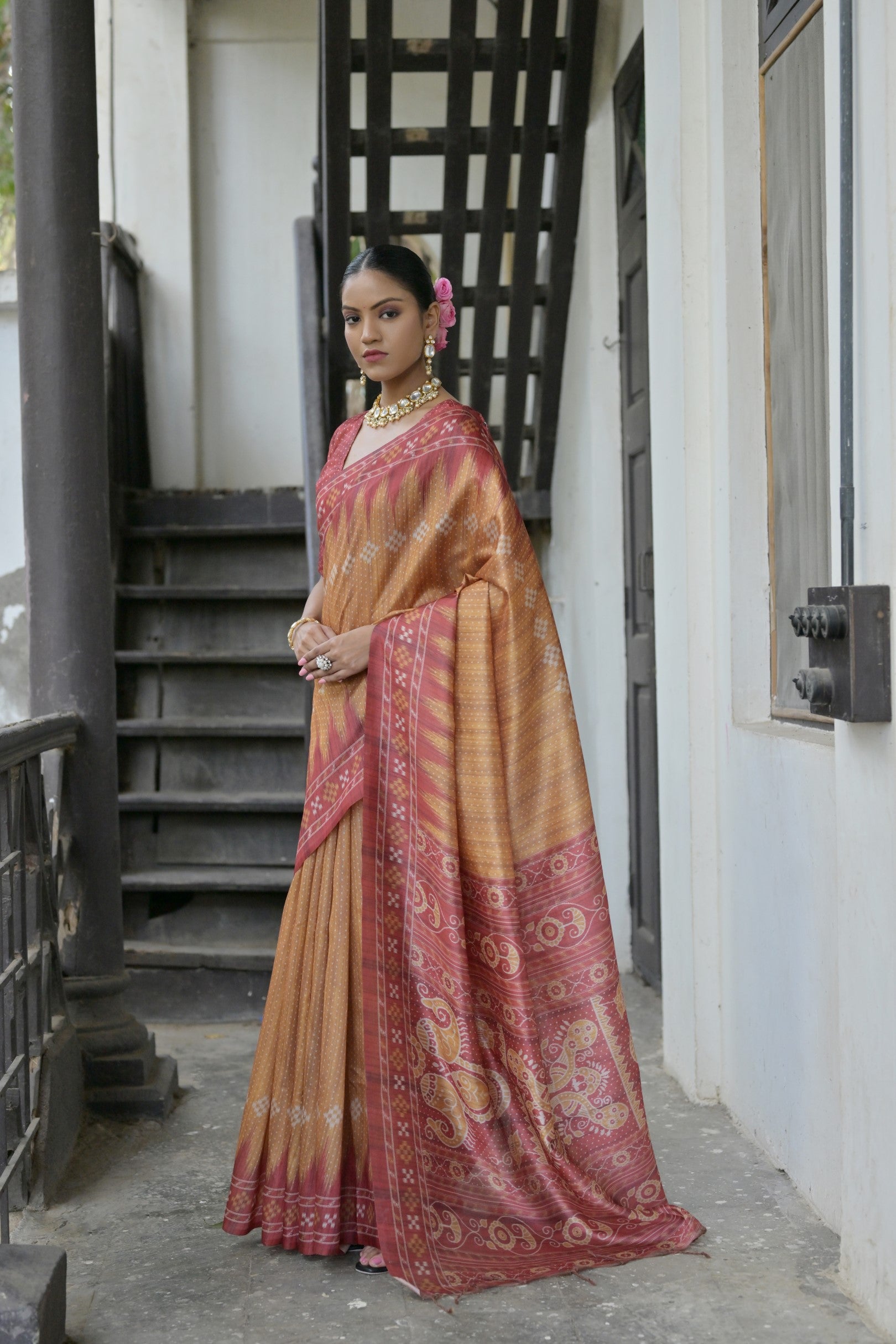 Ajrakh- Ethnic Elegance – Temple Patola Soft Silk Saree