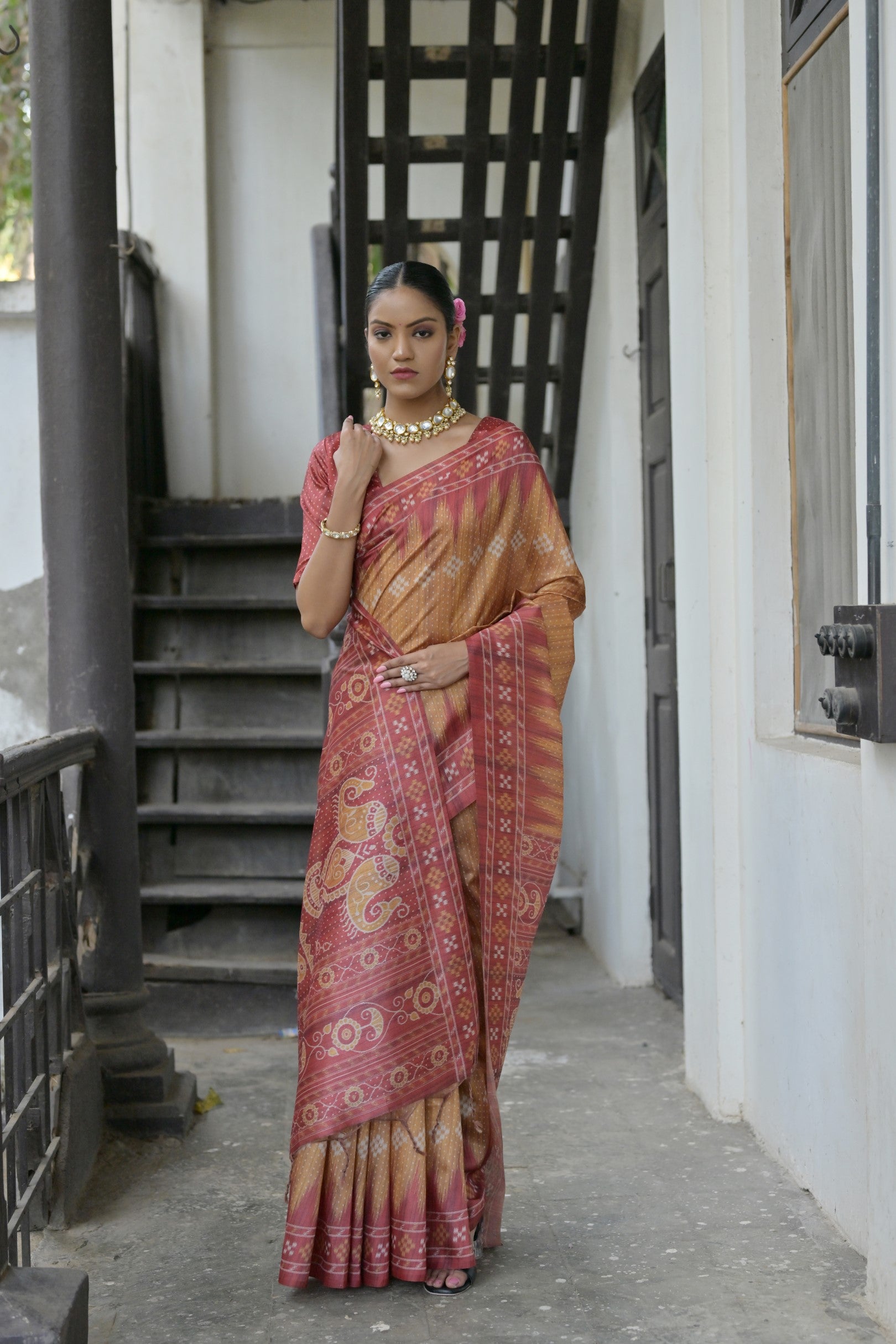 Ajrakh- Ethnic Elegance – Temple Patola Soft Silk Saree
