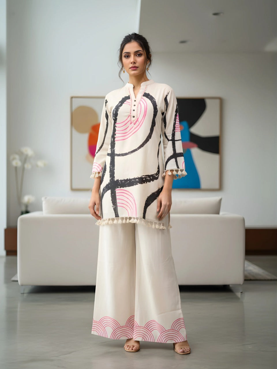 Modern Ethnic Cream Kurta Palazzo Set