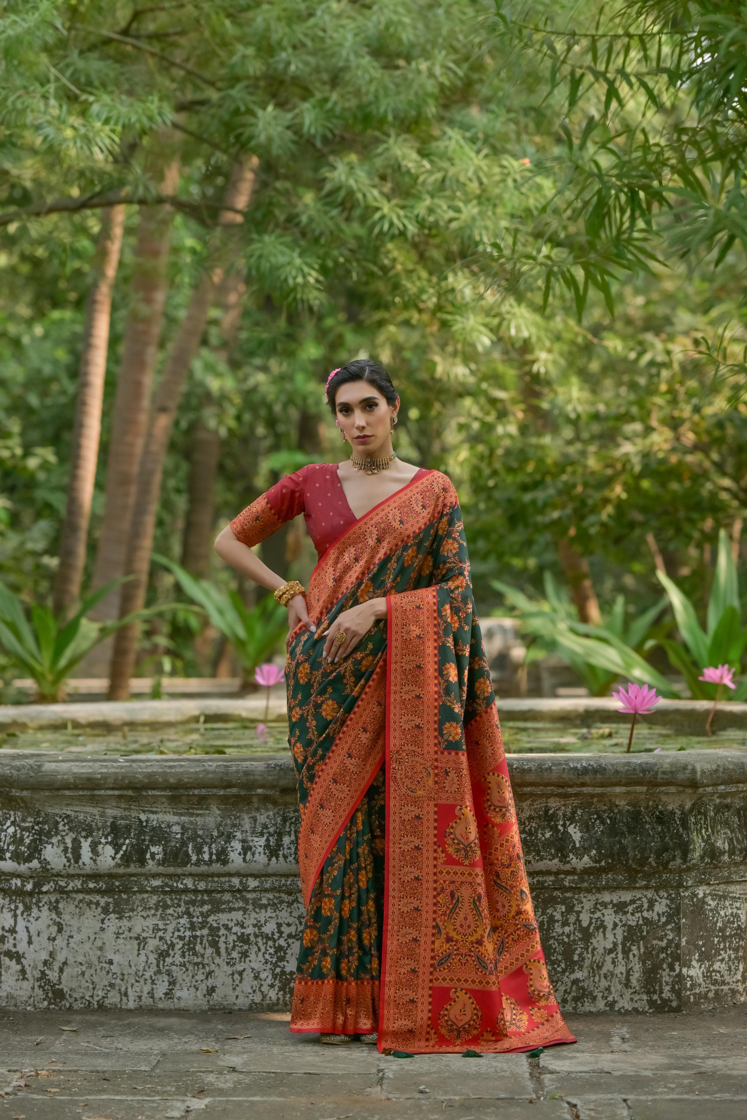 Meer- Elegant Cream & Magenta Banarasi Silk Saree with Intricate Floral Weave