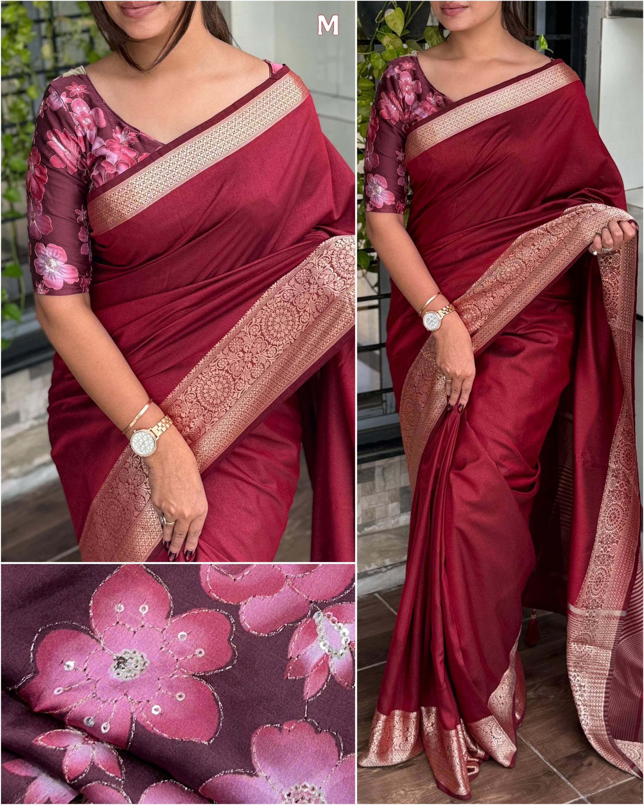 Sharmili- Effortless elegance meets vibrant charm with this Designer solid color beauty with position print blouse