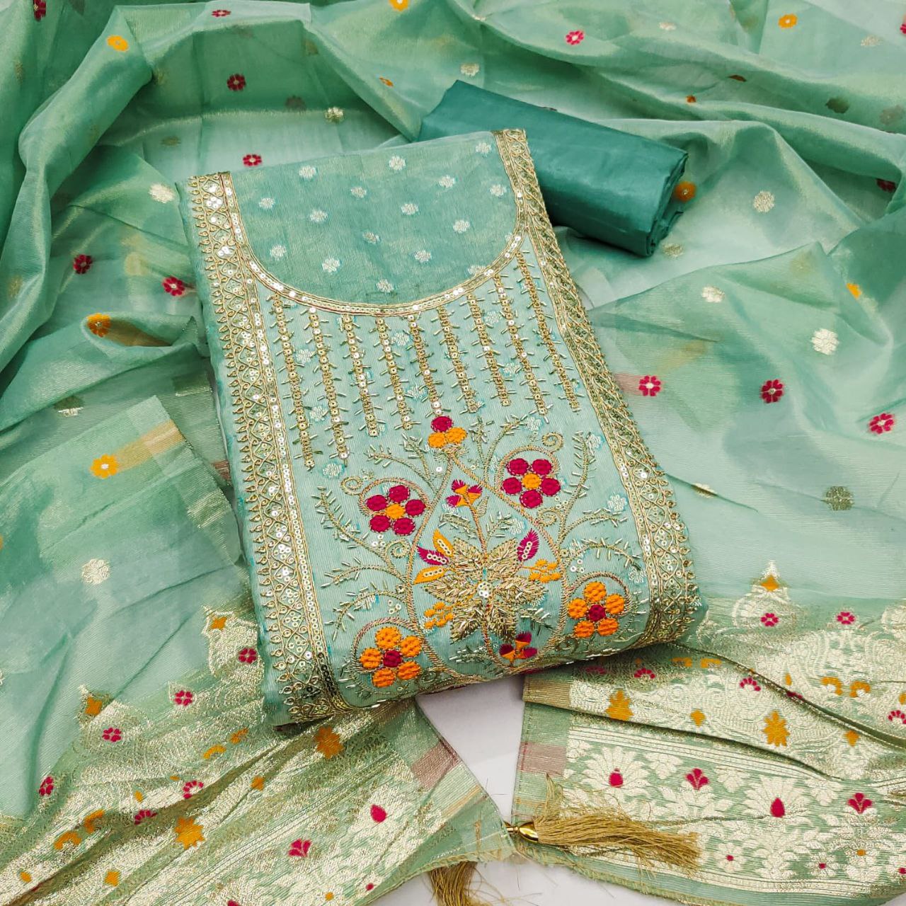 Jari- Simmer silk Zakard with Kodding , Hand Work