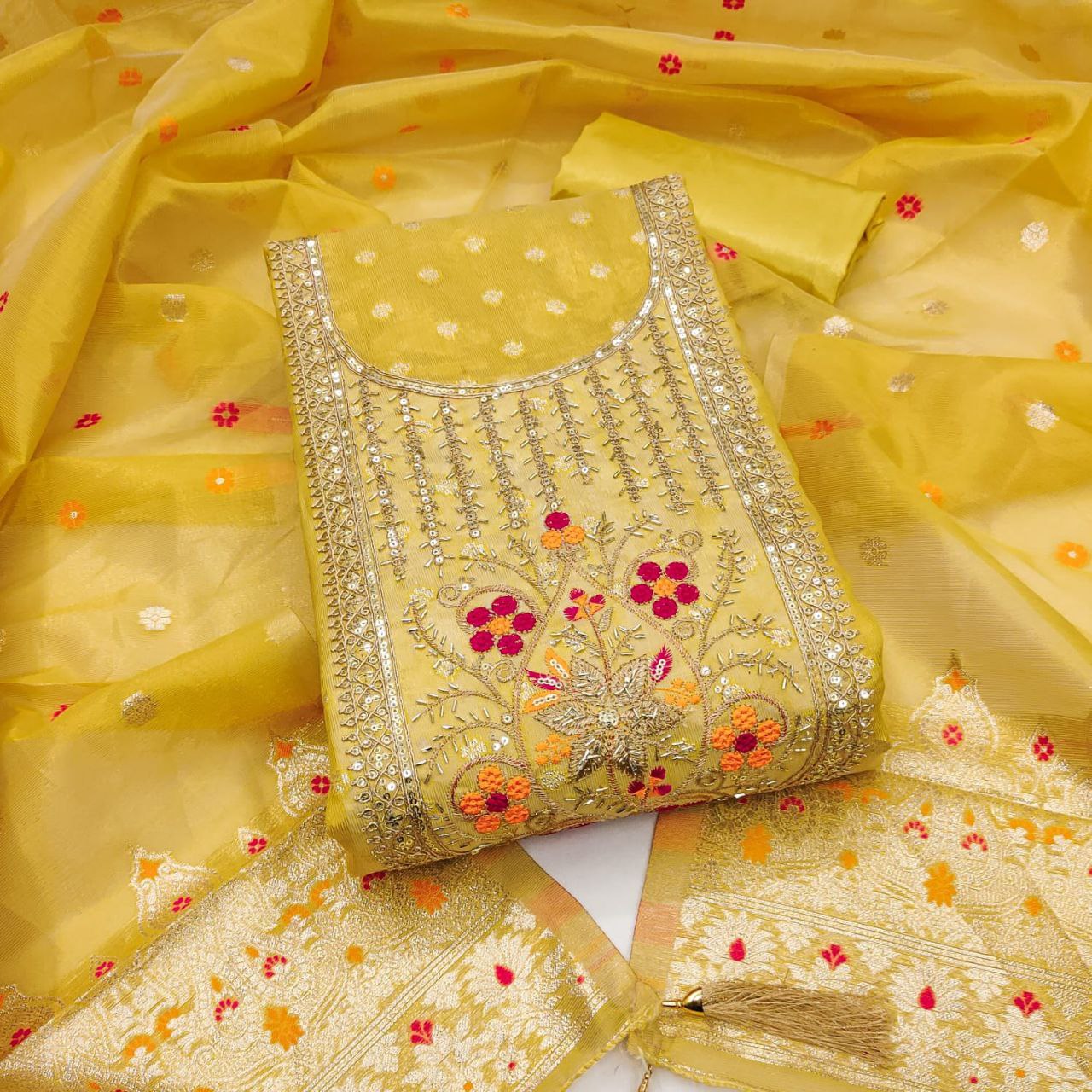 Jari- Simmer silk Zakard with Kodding , Hand Work