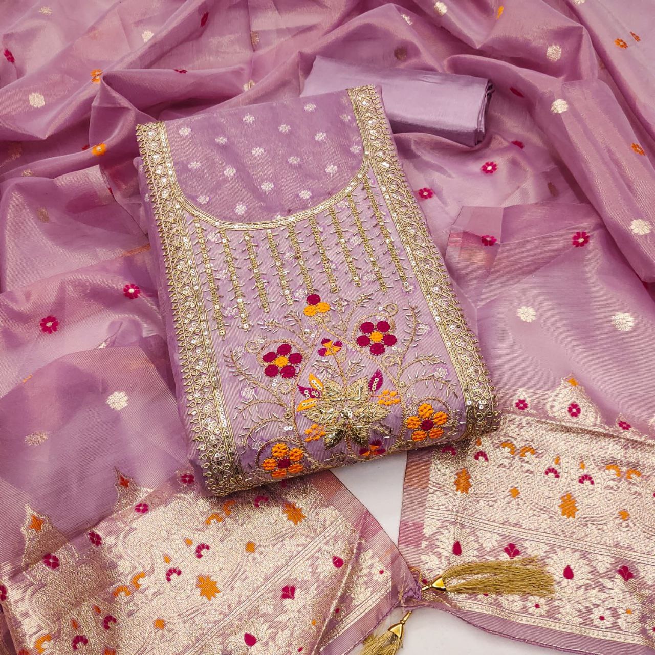 Jari- Simmer silk Zakard with Kodding , Hand Work