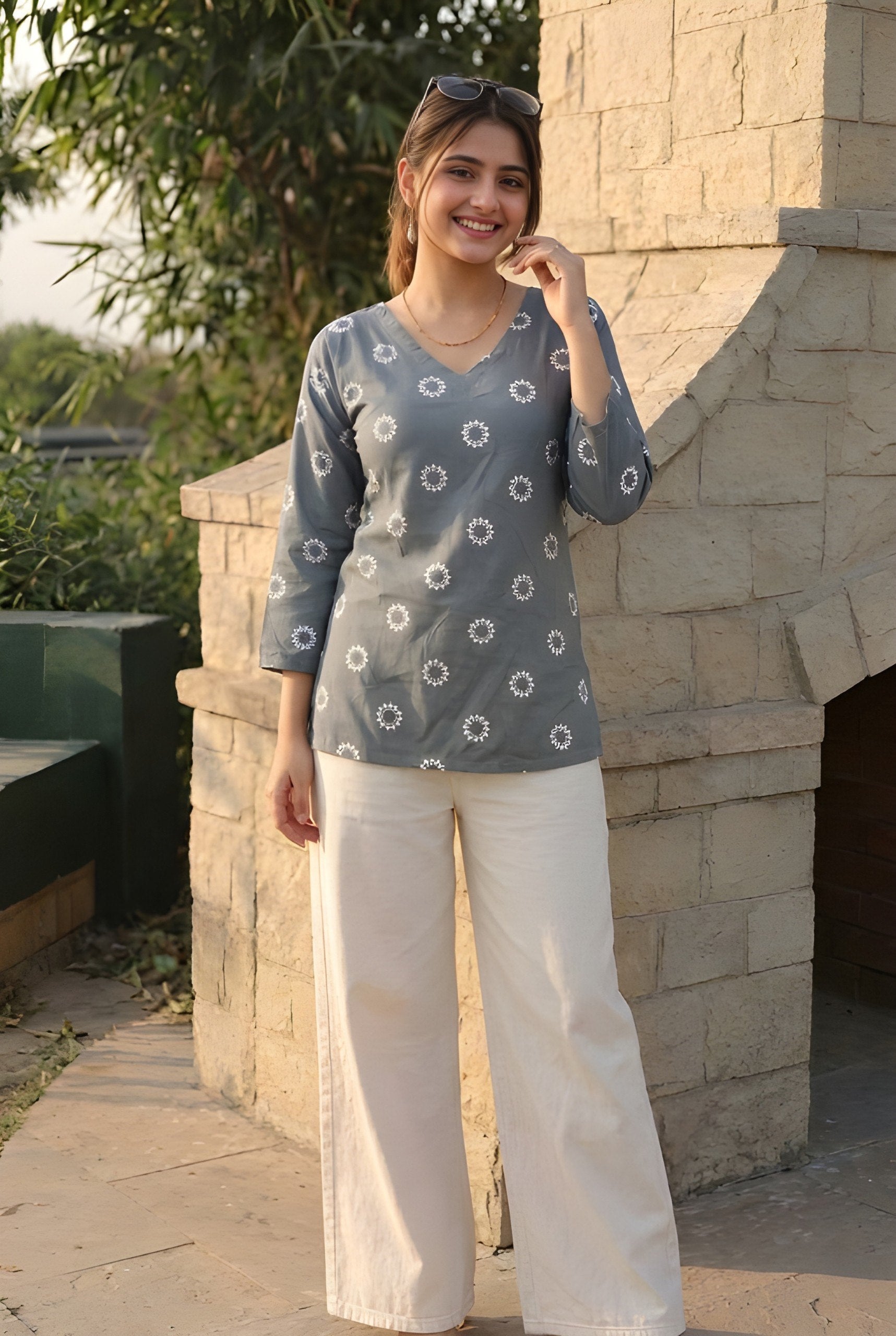 Woman V-neck Straight Short Kurti & Tunic