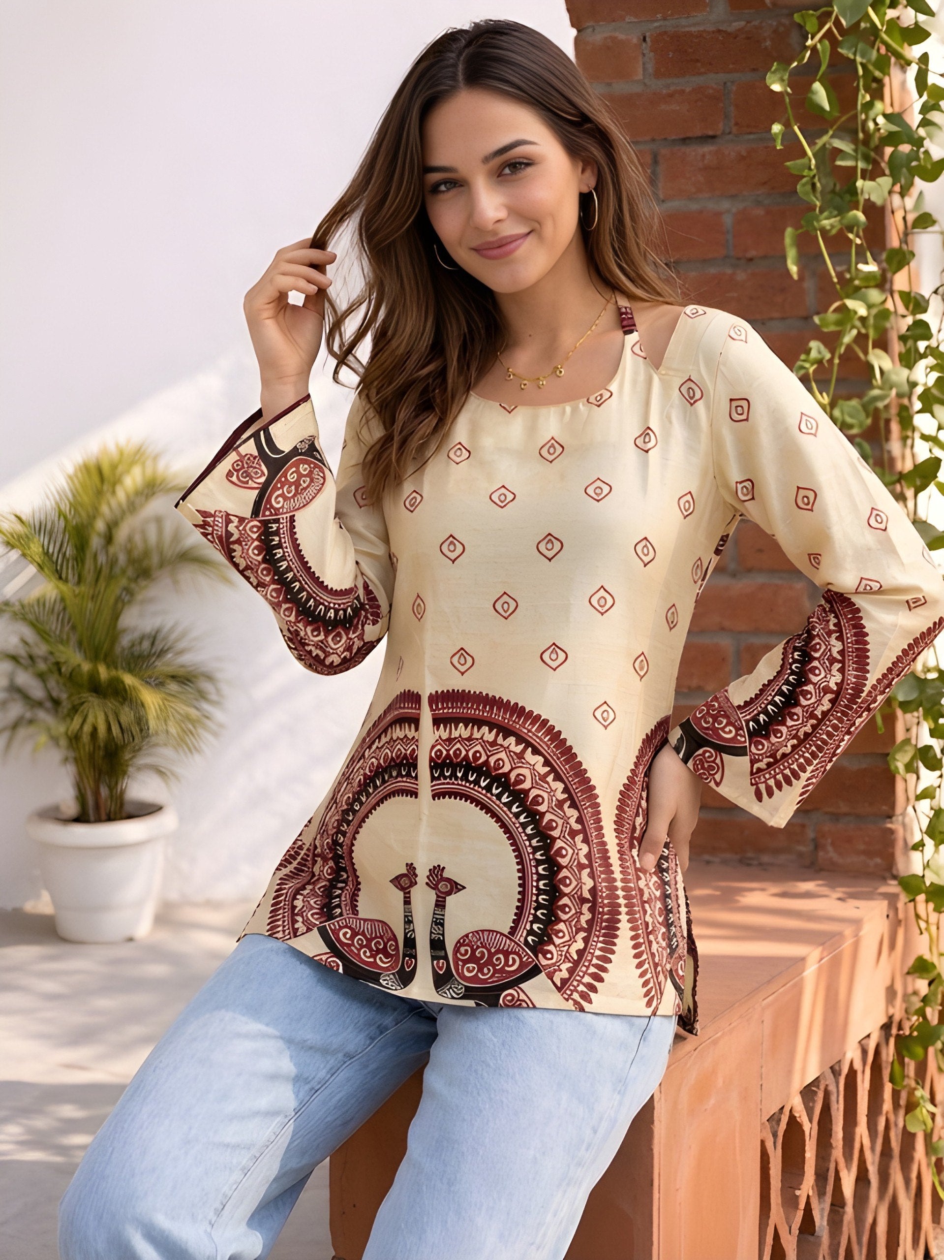 Women's Off-White Cotton Kalamkari Printed Tunic