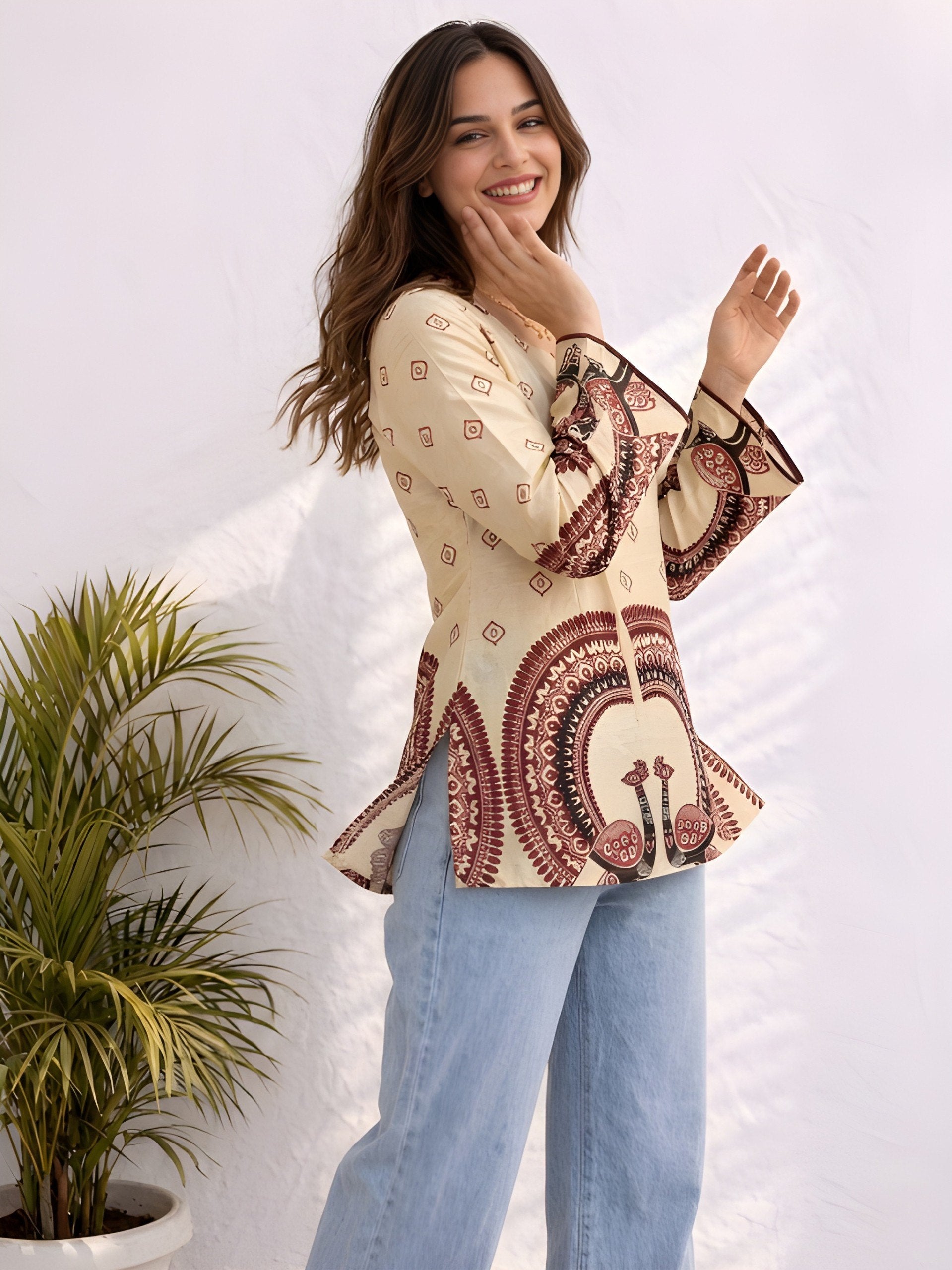 Women's Off-White Cotton Kalamkari Printed Tunic
