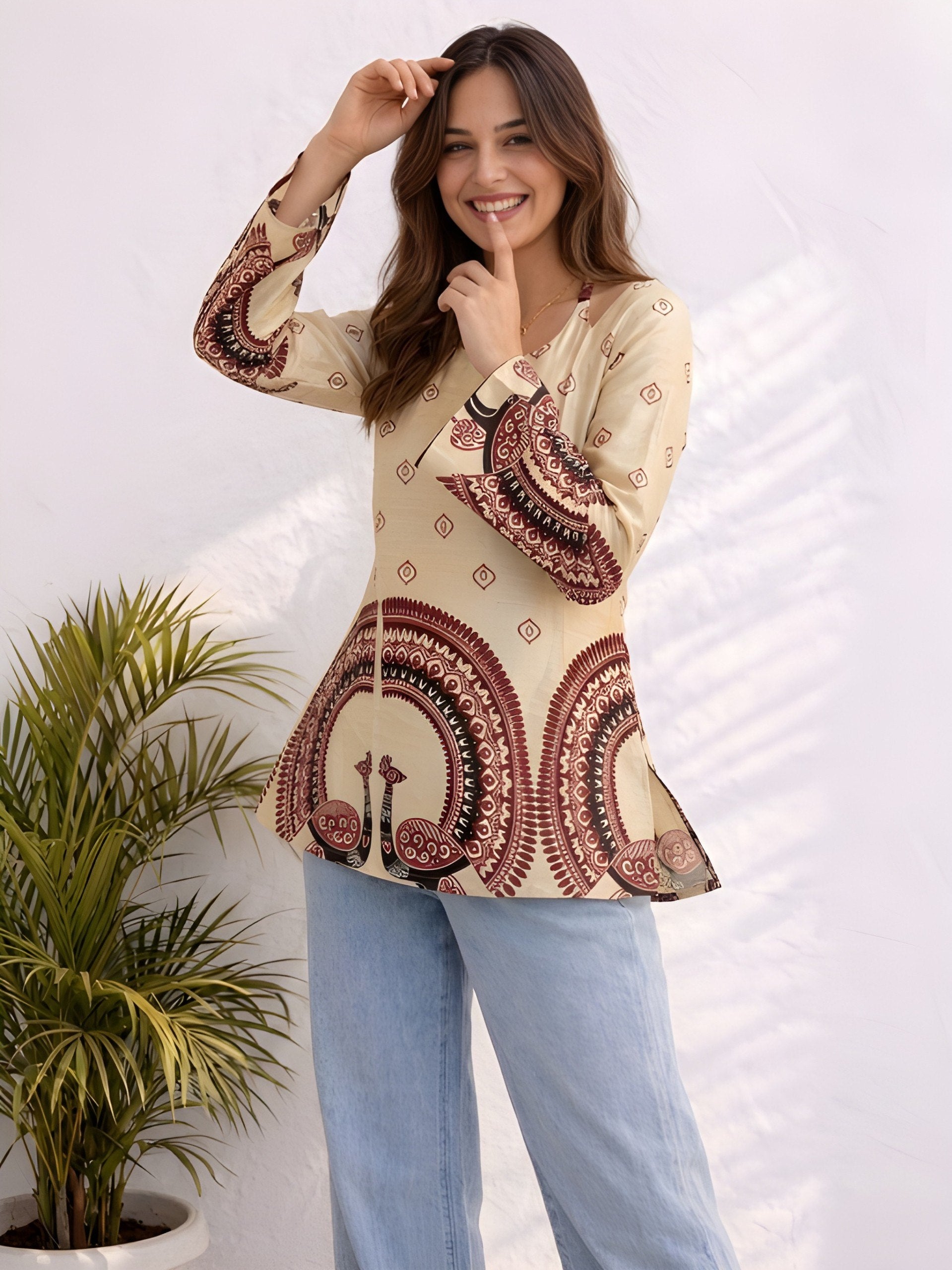 Women's Off-White Cotton Kalamkari Printed Tunic