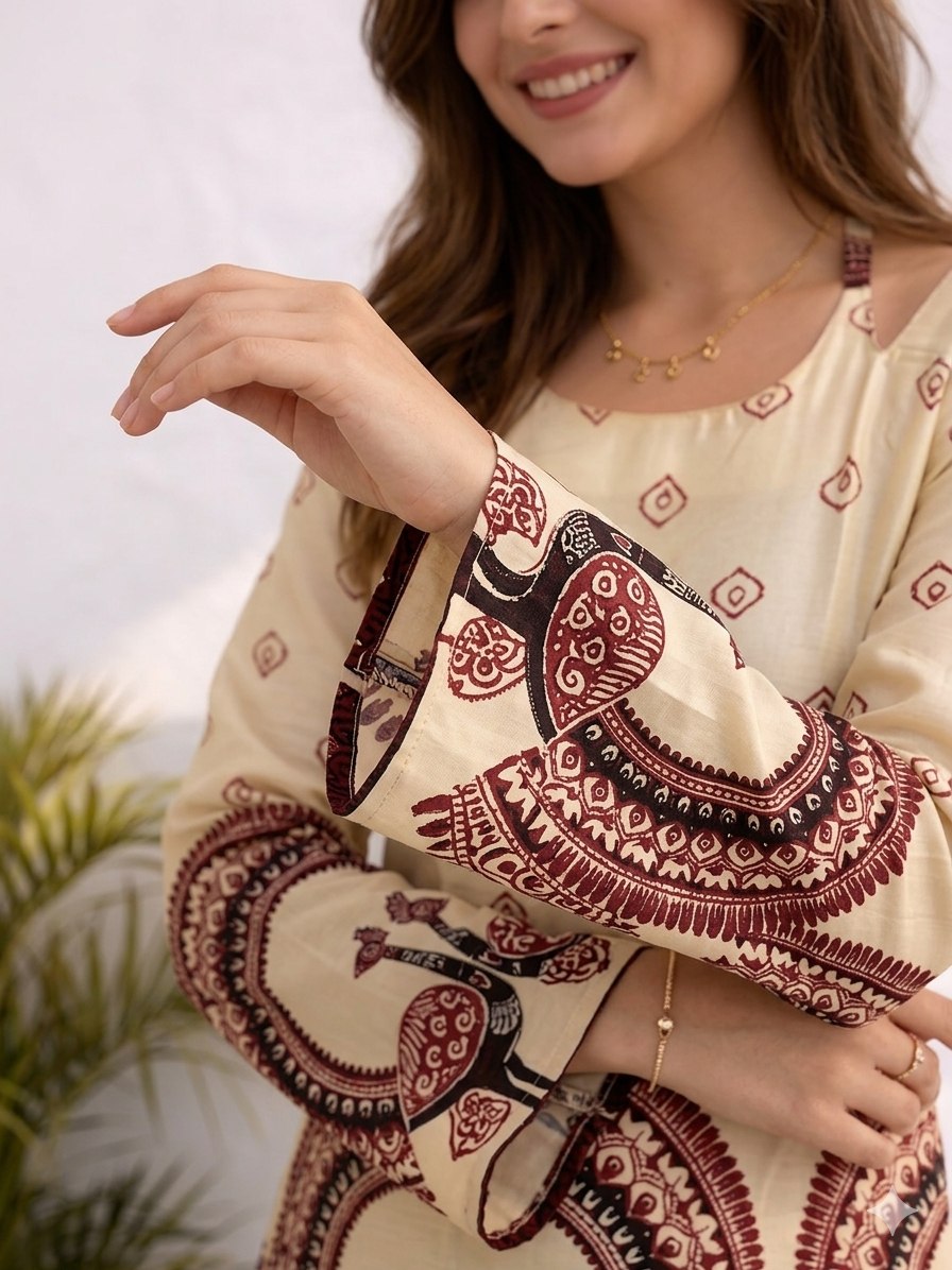 Women's Off-White Cotton Kalamkari Printed Tunic