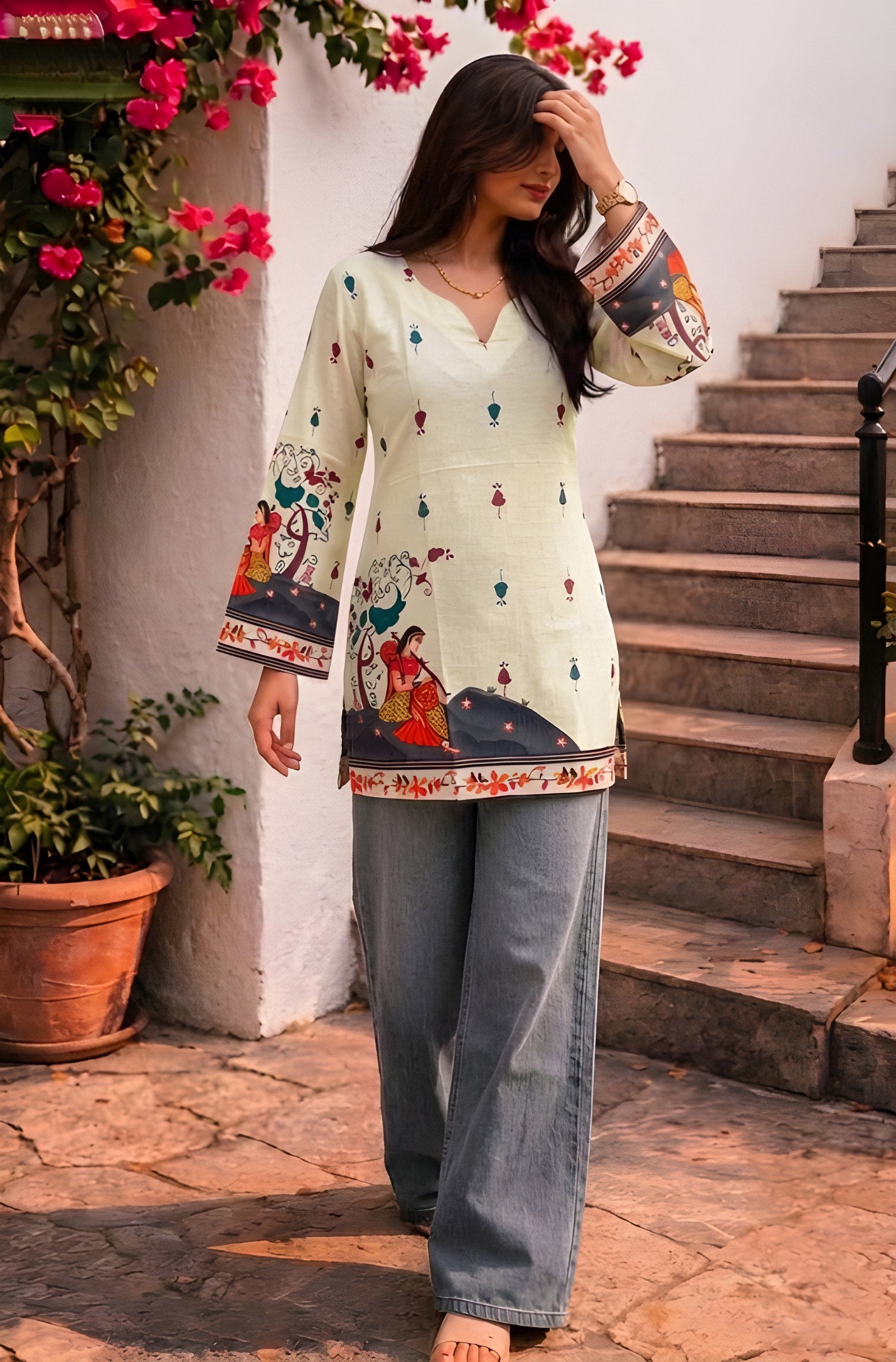 Women's Cream Cotton Kalamkari Print Tunic