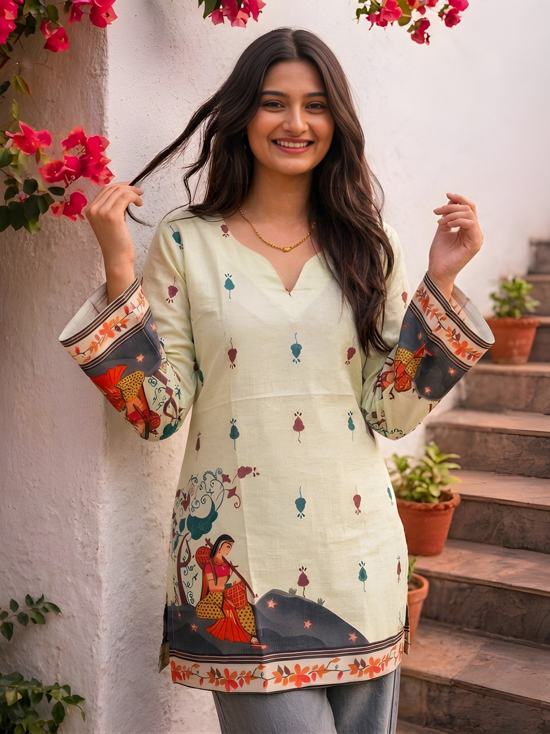 Women's Cream Cotton Kalamkari Print Tunic