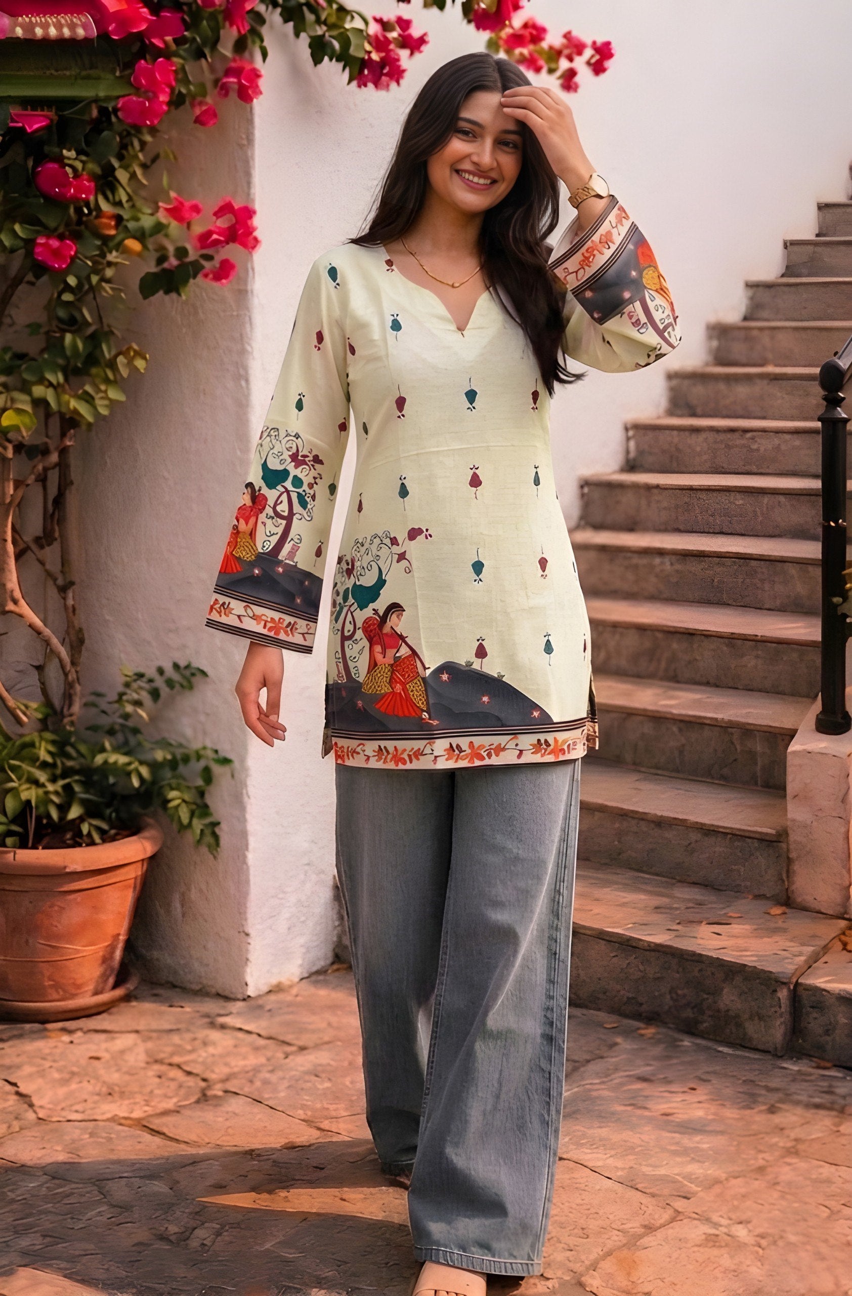 Women's Cream Cotton Kalamkari Print Tunic