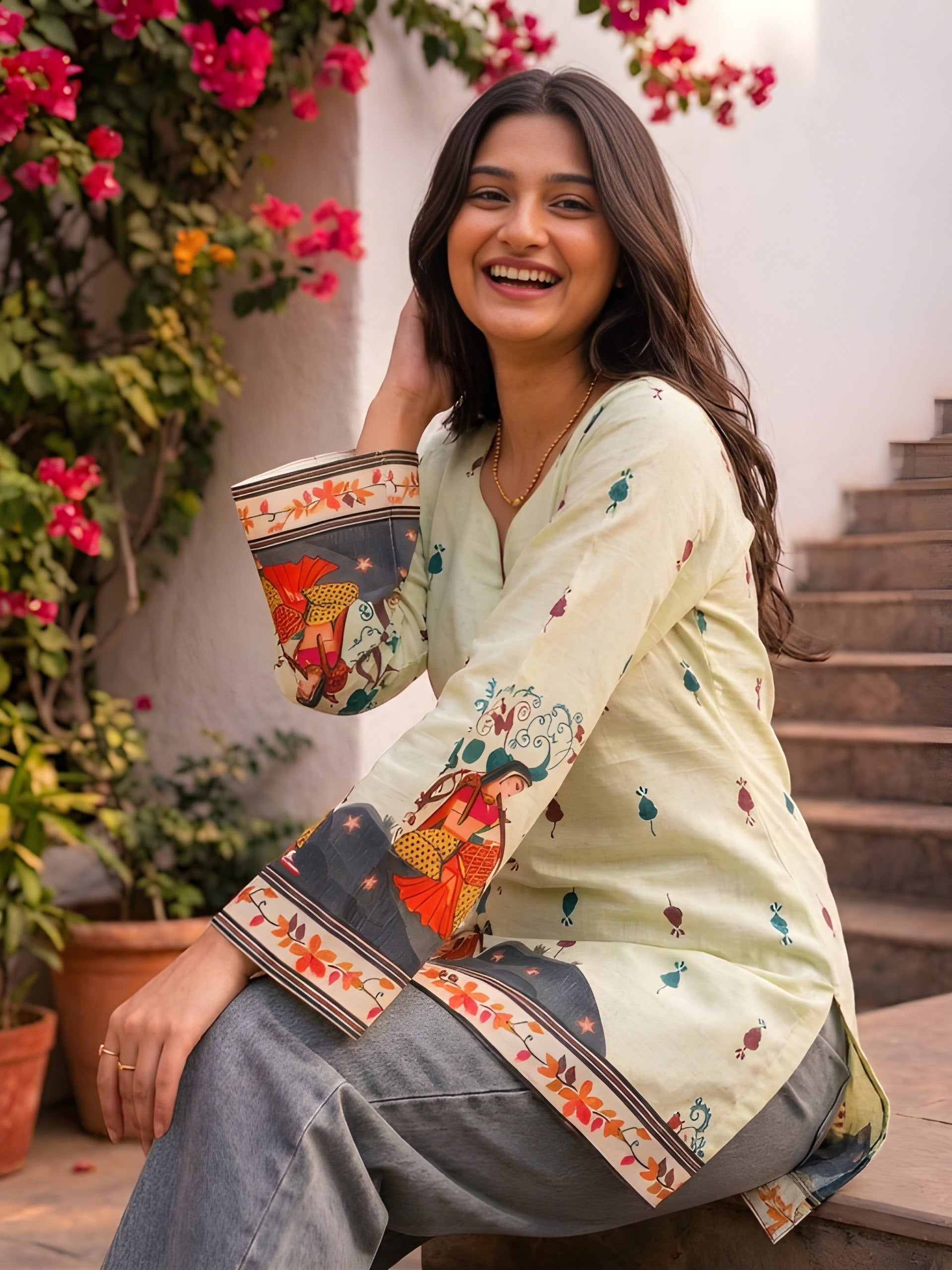Women's Cream Cotton Kalamkari Print Tunic