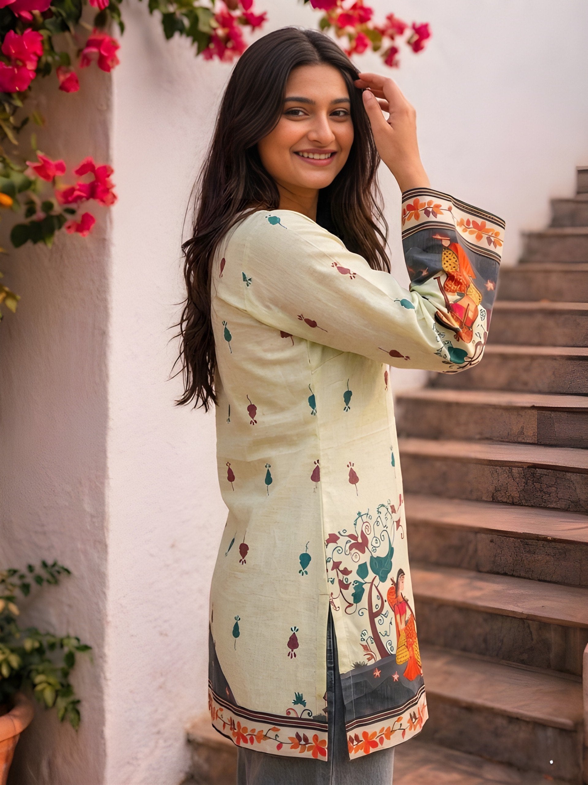 Women's Cream Cotton Kalamkari Print Tunic