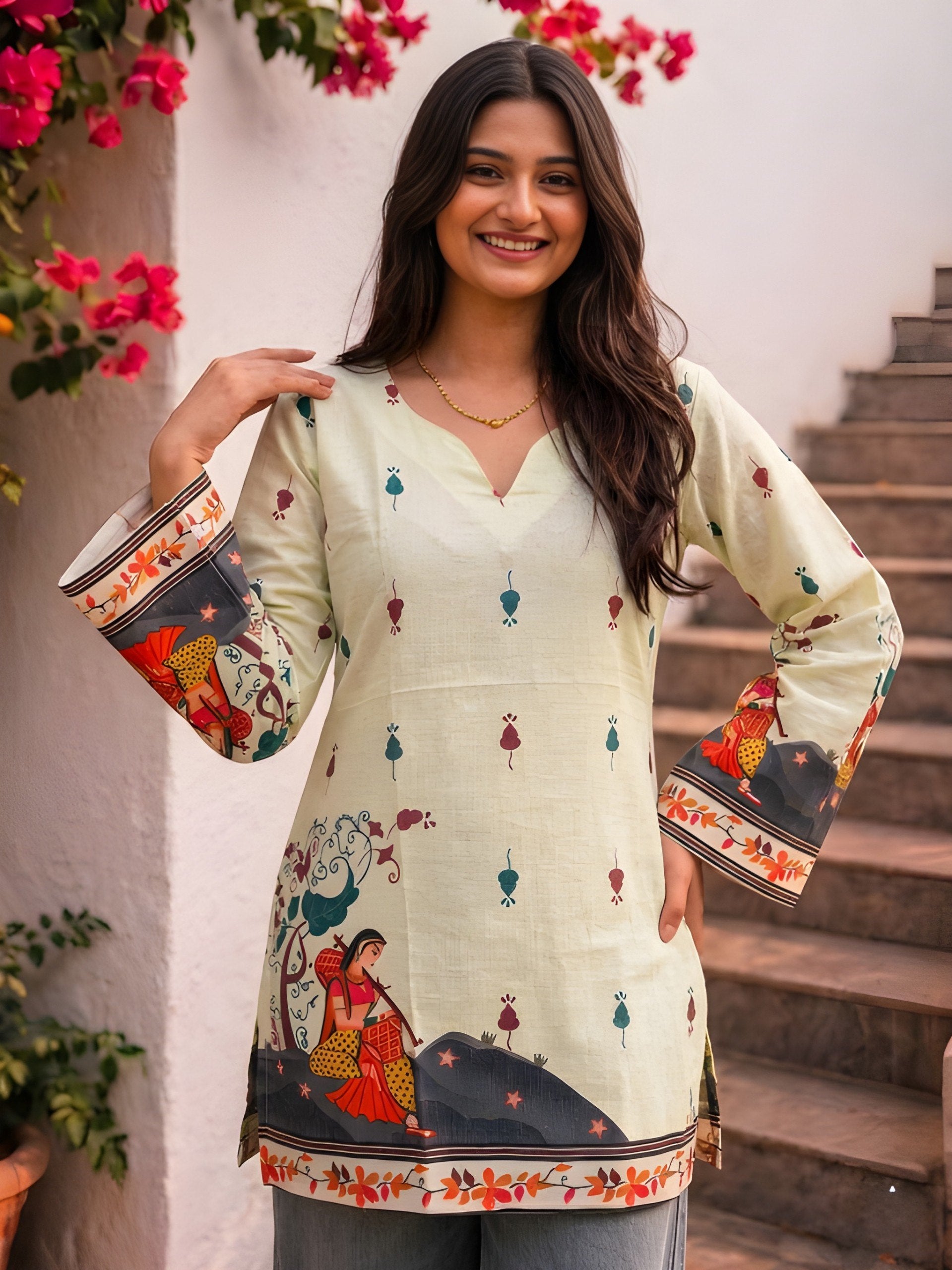 Women's Cream Cotton Kalamkari Print Tunic