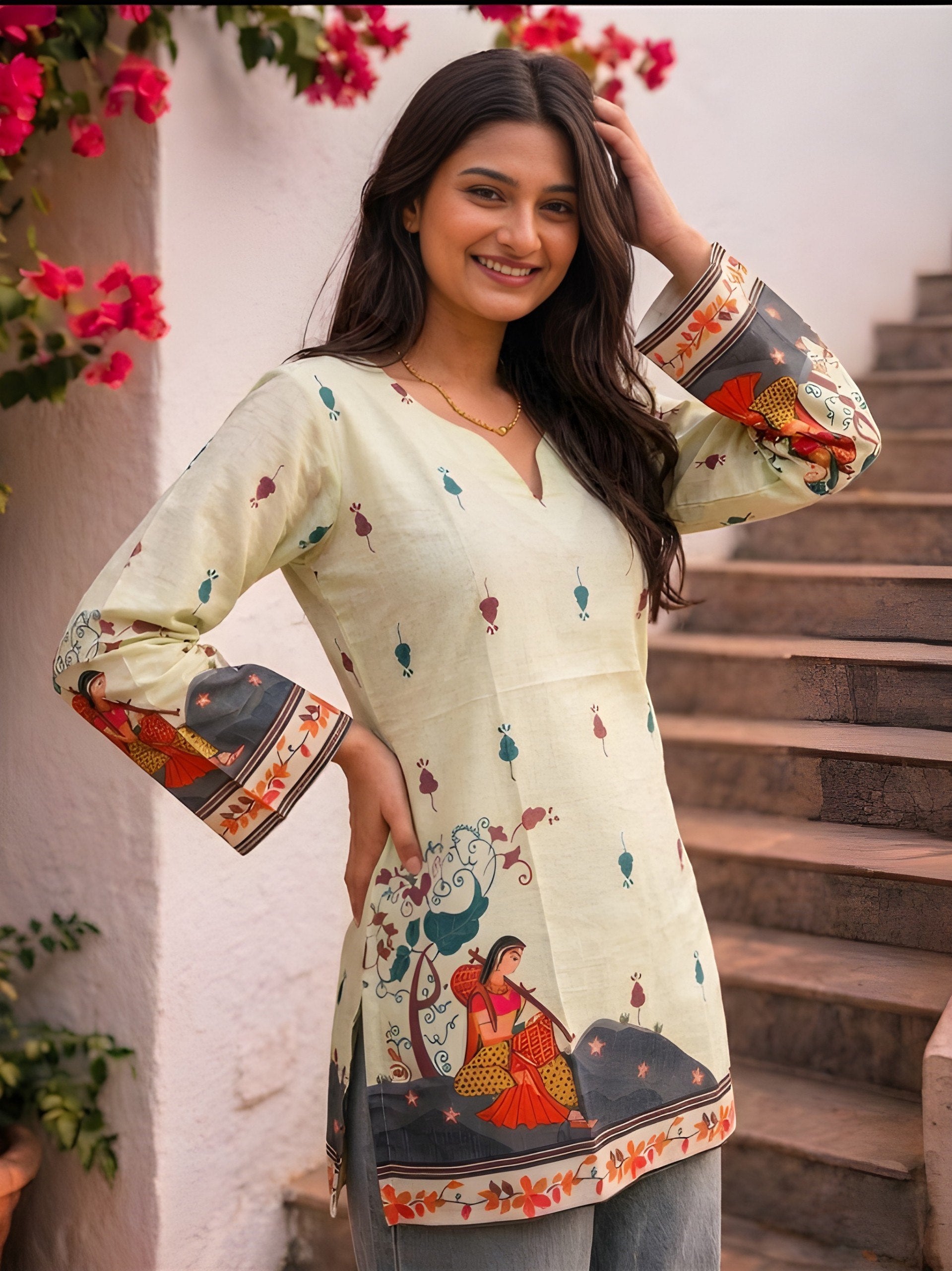 Women's Cream Cotton Kalamkari Print Tunic