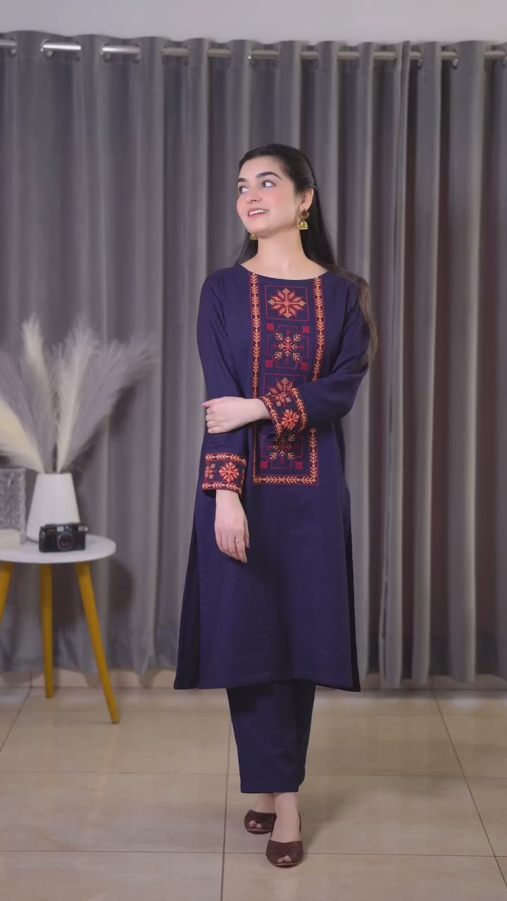 Sehza- Navy Blue Embroidered pakistani suit set